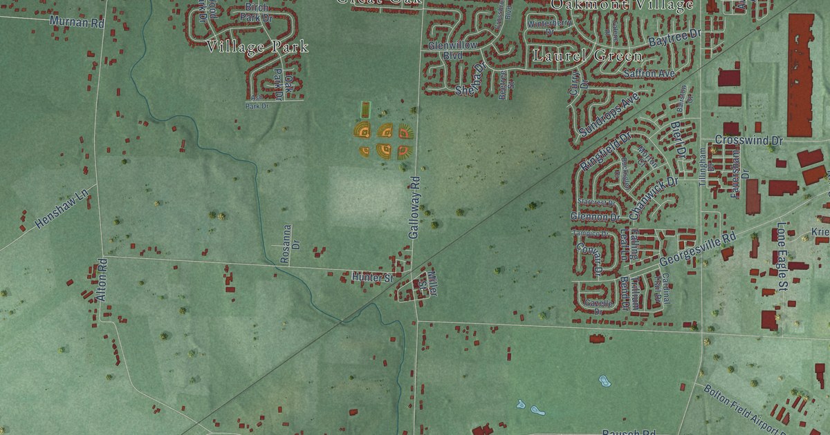 Close-up of streets and buildings in Galloway, Ohio