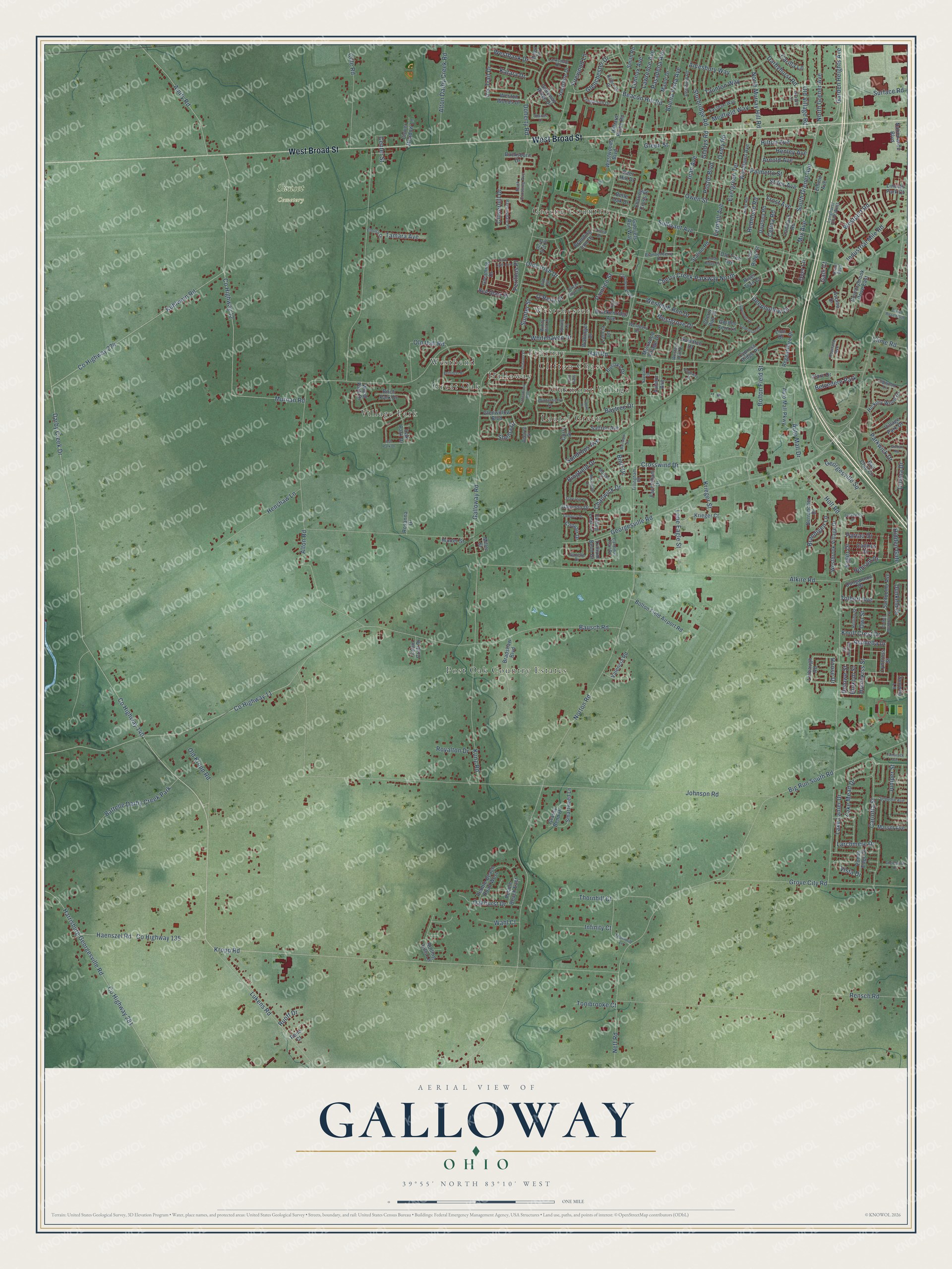 Full map of Galloway, Ohio, with red buildings, printed street names and the land around them