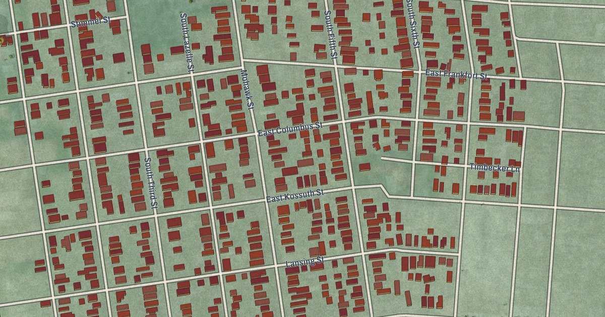 Close-up of streets and buildings in German Village, Ohio