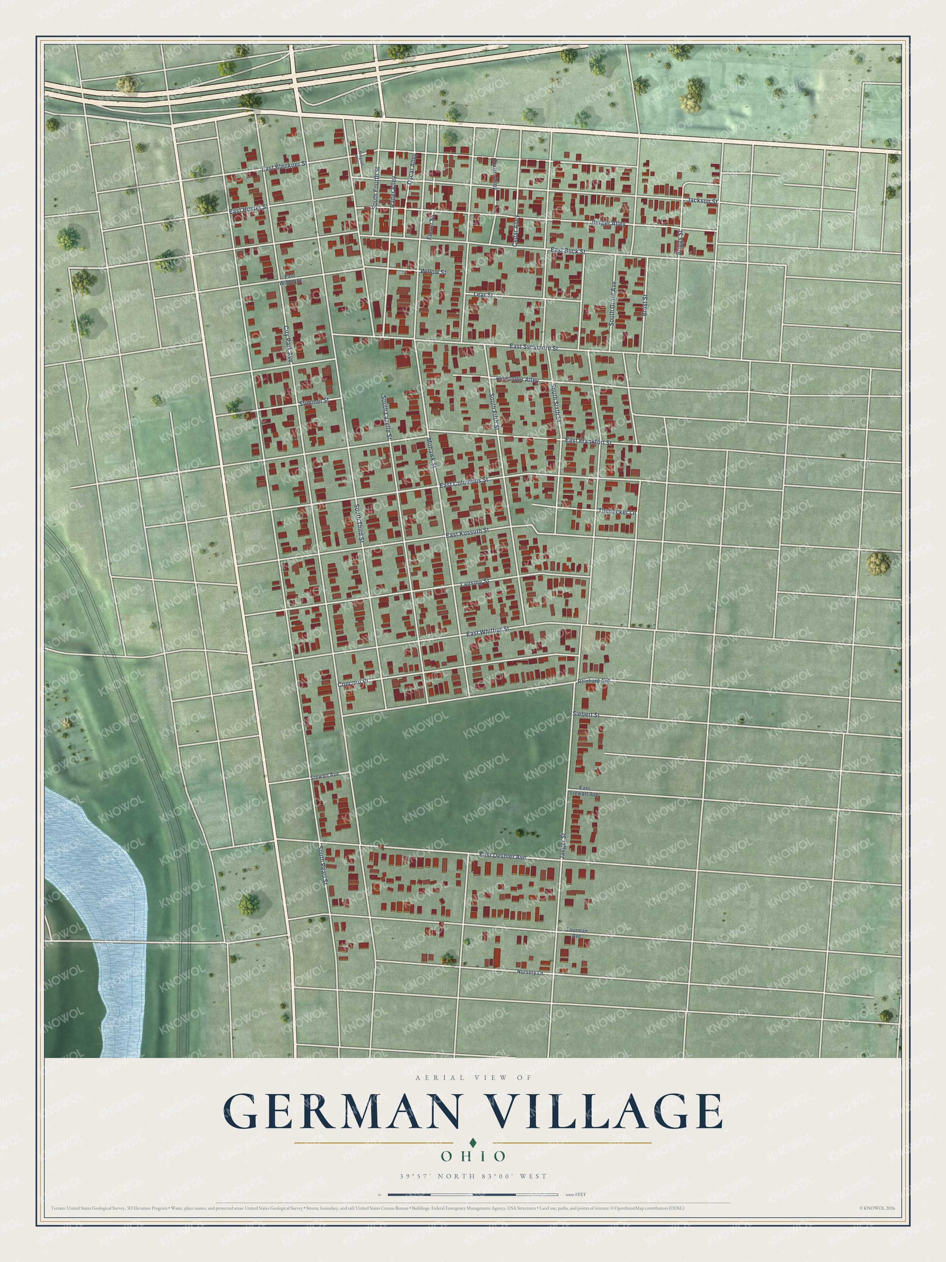 Full map of German Village, Ohio, with red buildings, printed street names and the land around them