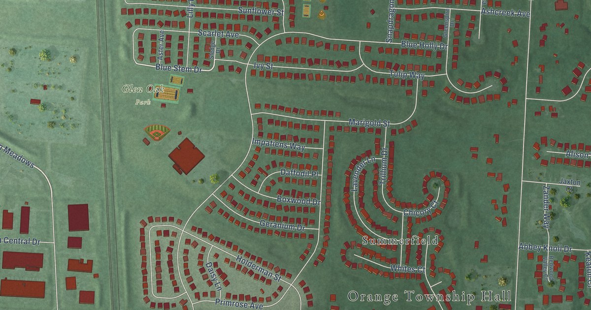 Close-up of streets and buildings in Glen Oak, Ohio