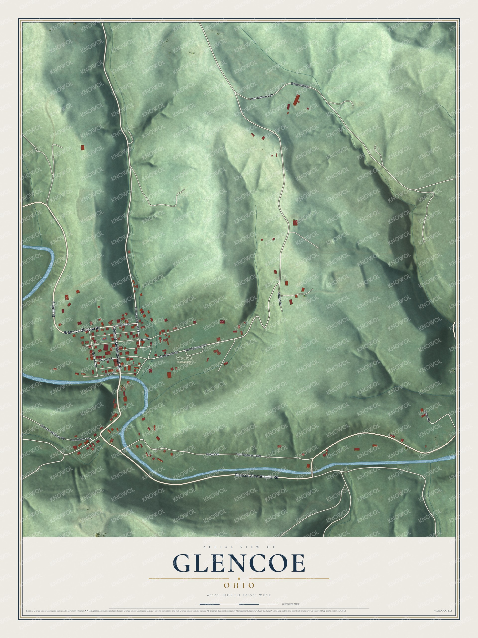 Full map of Glencoe, Ohio, with red buildings, printed street names and the land around them