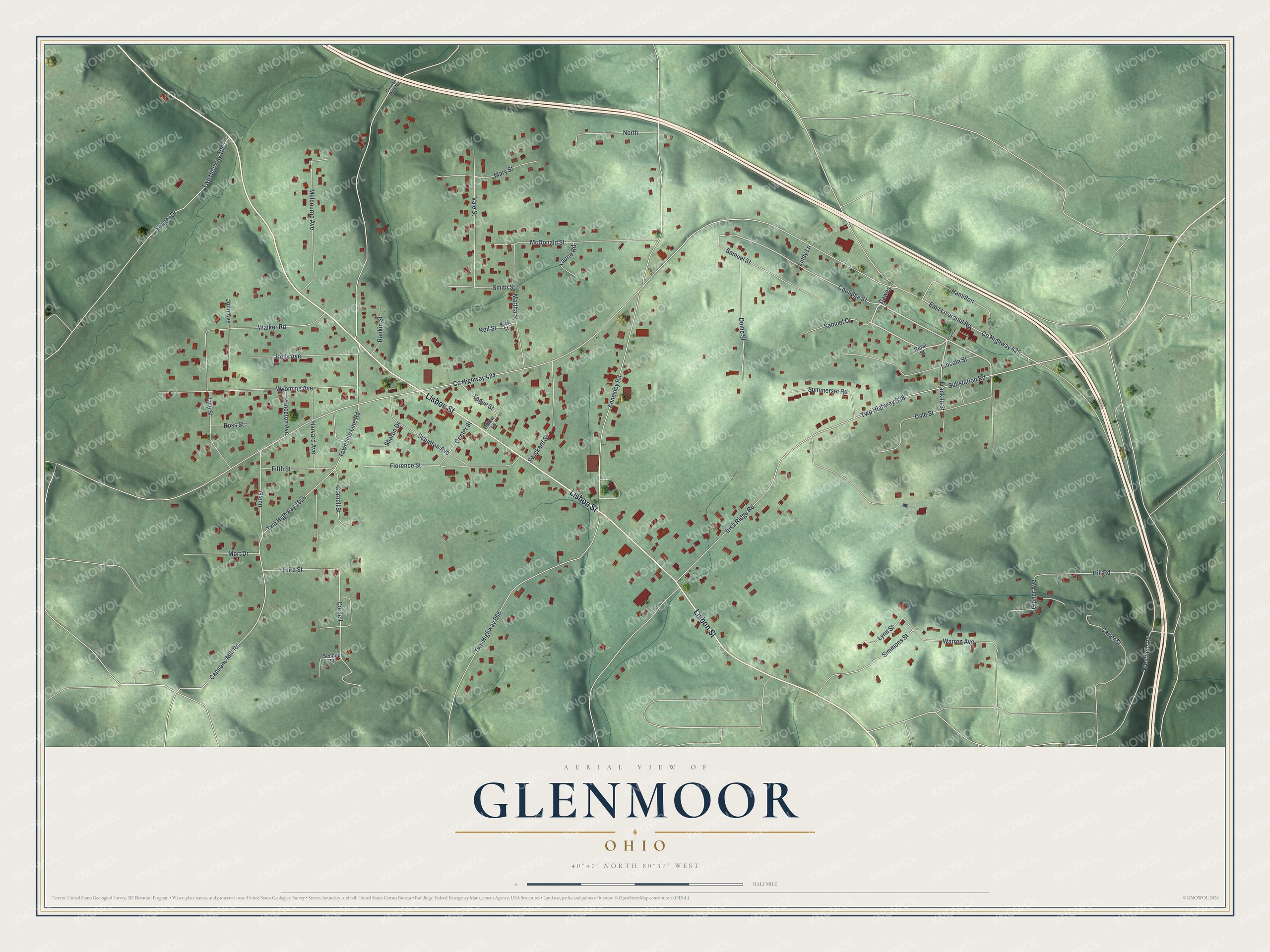 Full map of Glenmoor, Ohio, with red buildings, printed street names and the land around them