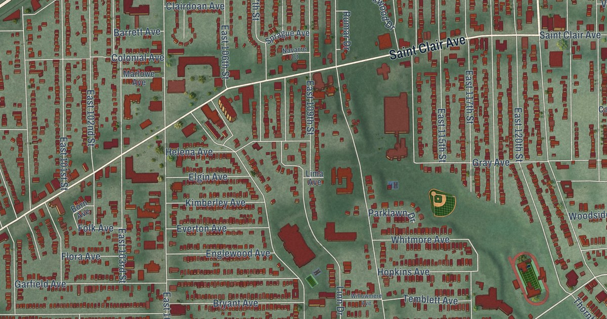 Close-up of streets and buildings in Glenville, Ohio