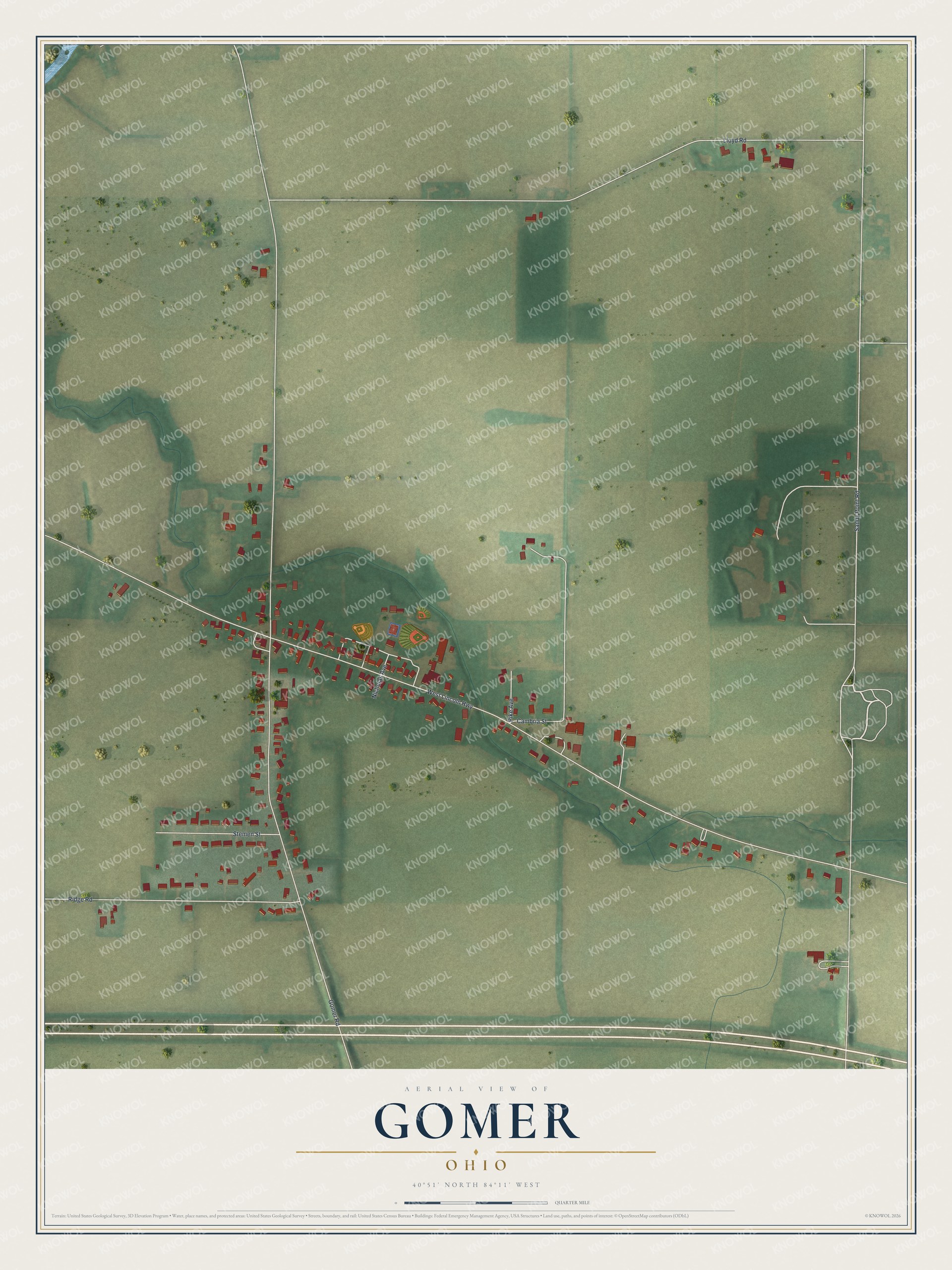 Full map of Gomer, Ohio, with red buildings, printed street names and the land around them