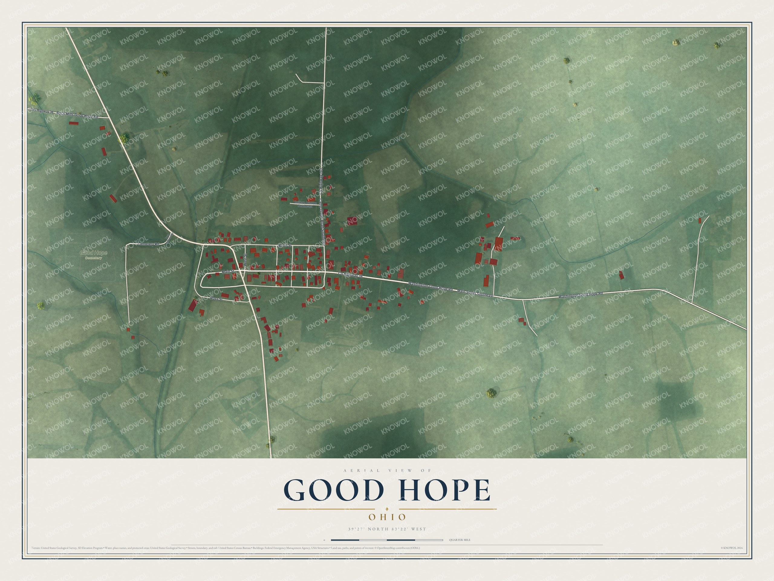 Full map of Good Hope, Ohio, with red buildings, printed street names and the land around them