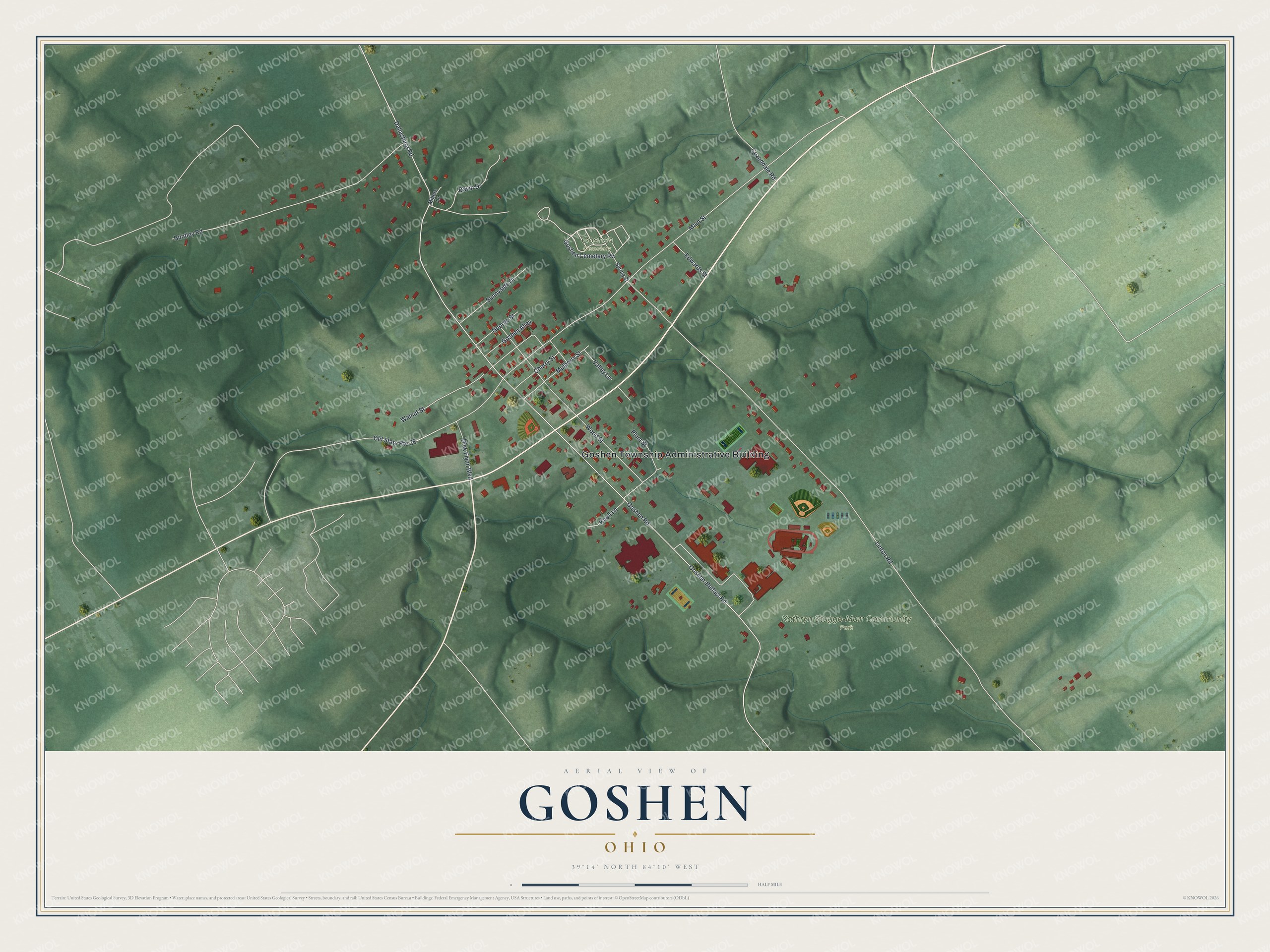 Full map of Goshen, Ohio, with red buildings, printed street names and the land around them