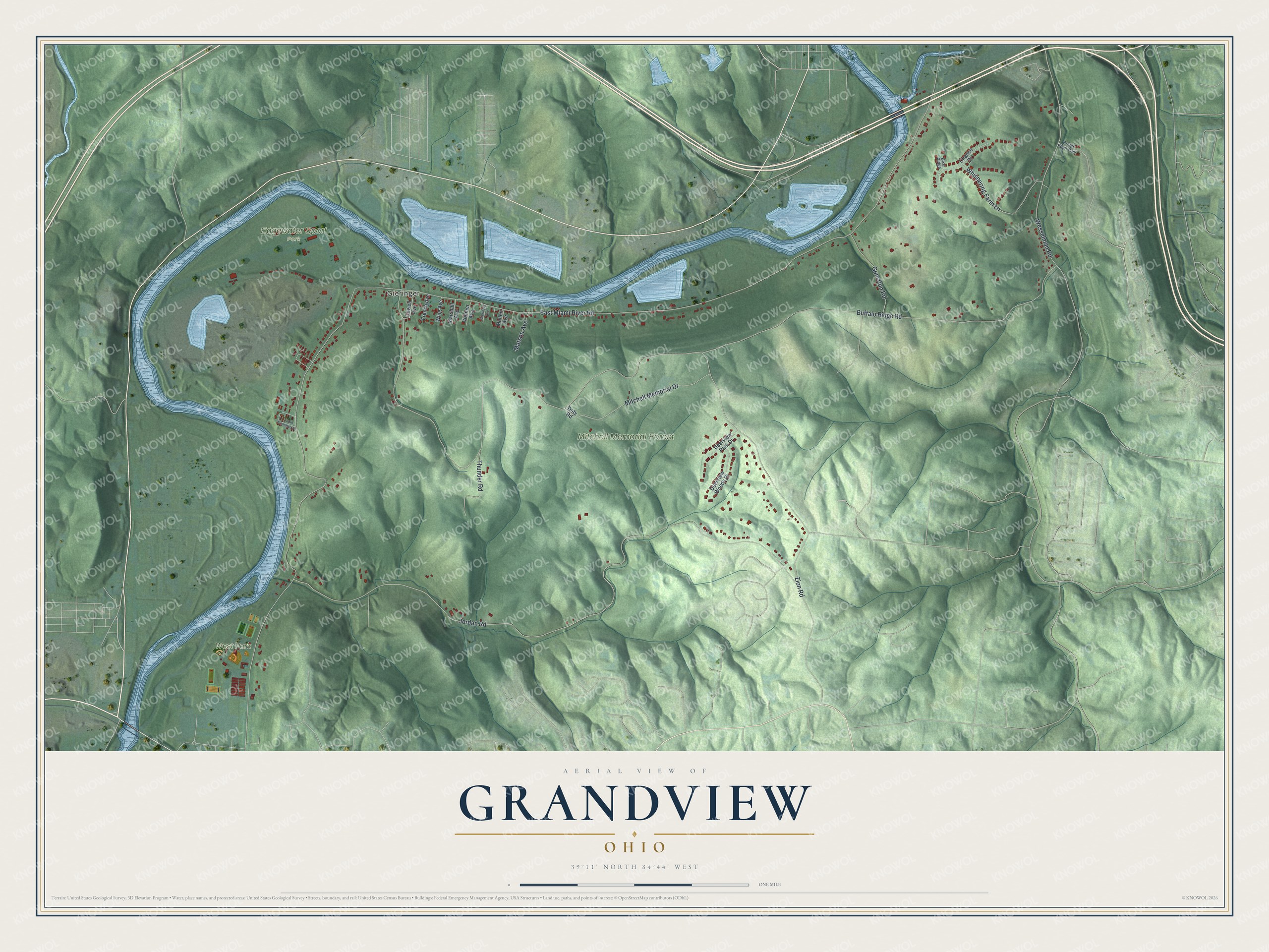 Full map of Grandview, Ohio, with red buildings, printed street names and the land around them