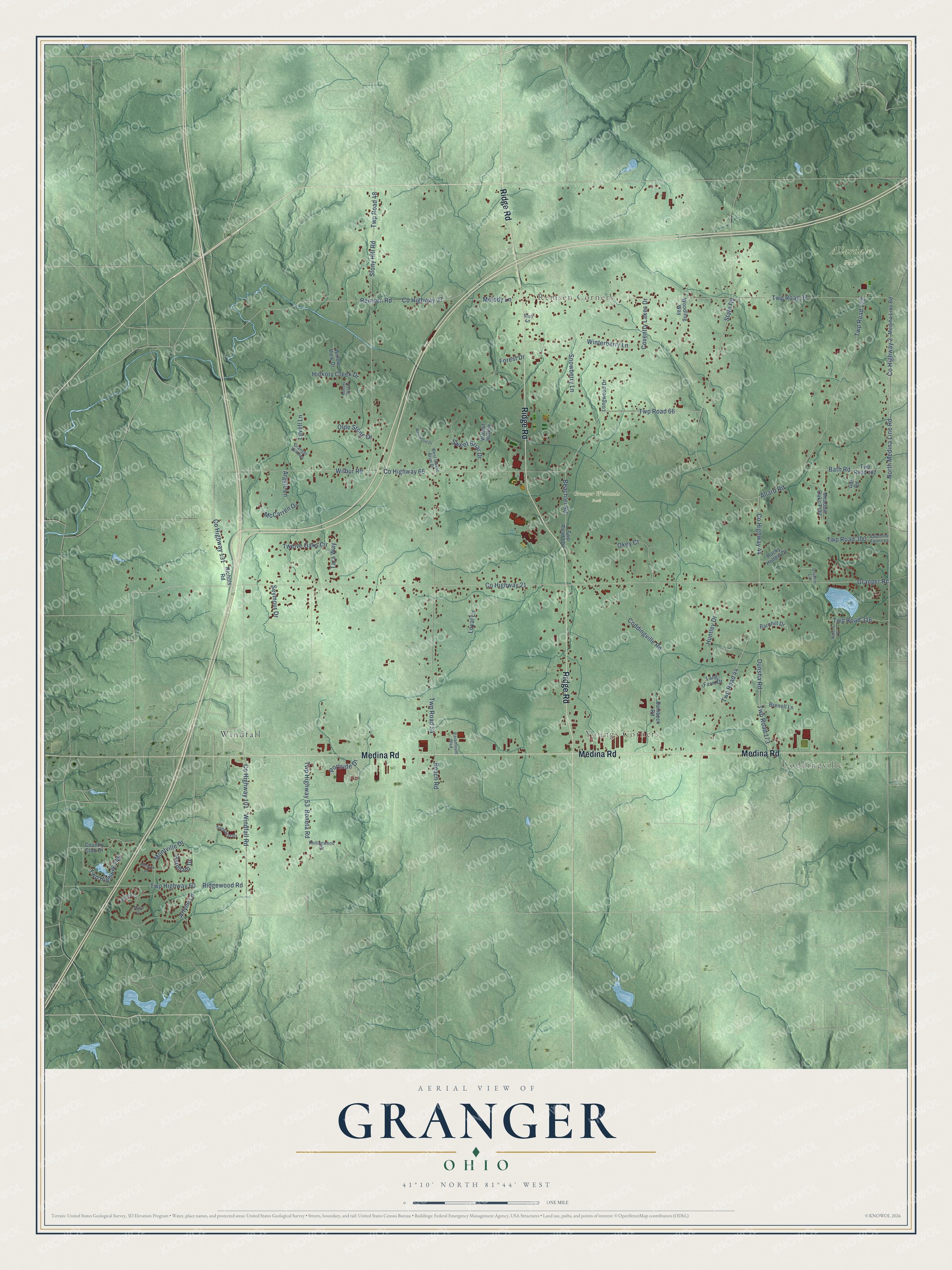 Full map of Granger, Ohio, with red buildings, printed street names and the land around them
