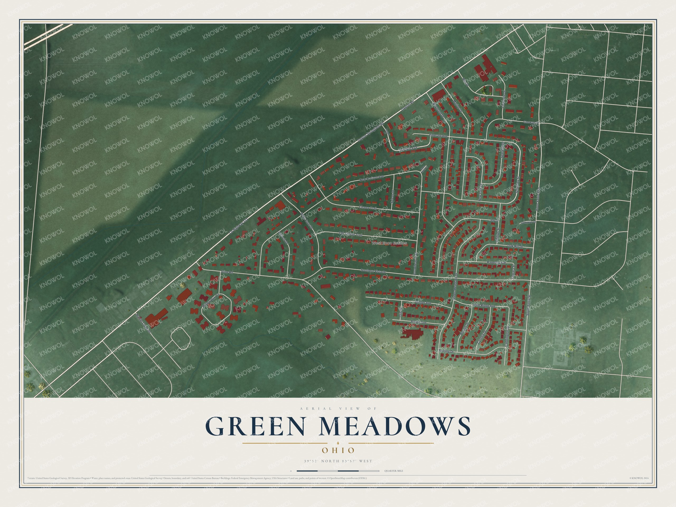Full map of Green Meadows, Ohio, with red buildings, printed street names and the land around them