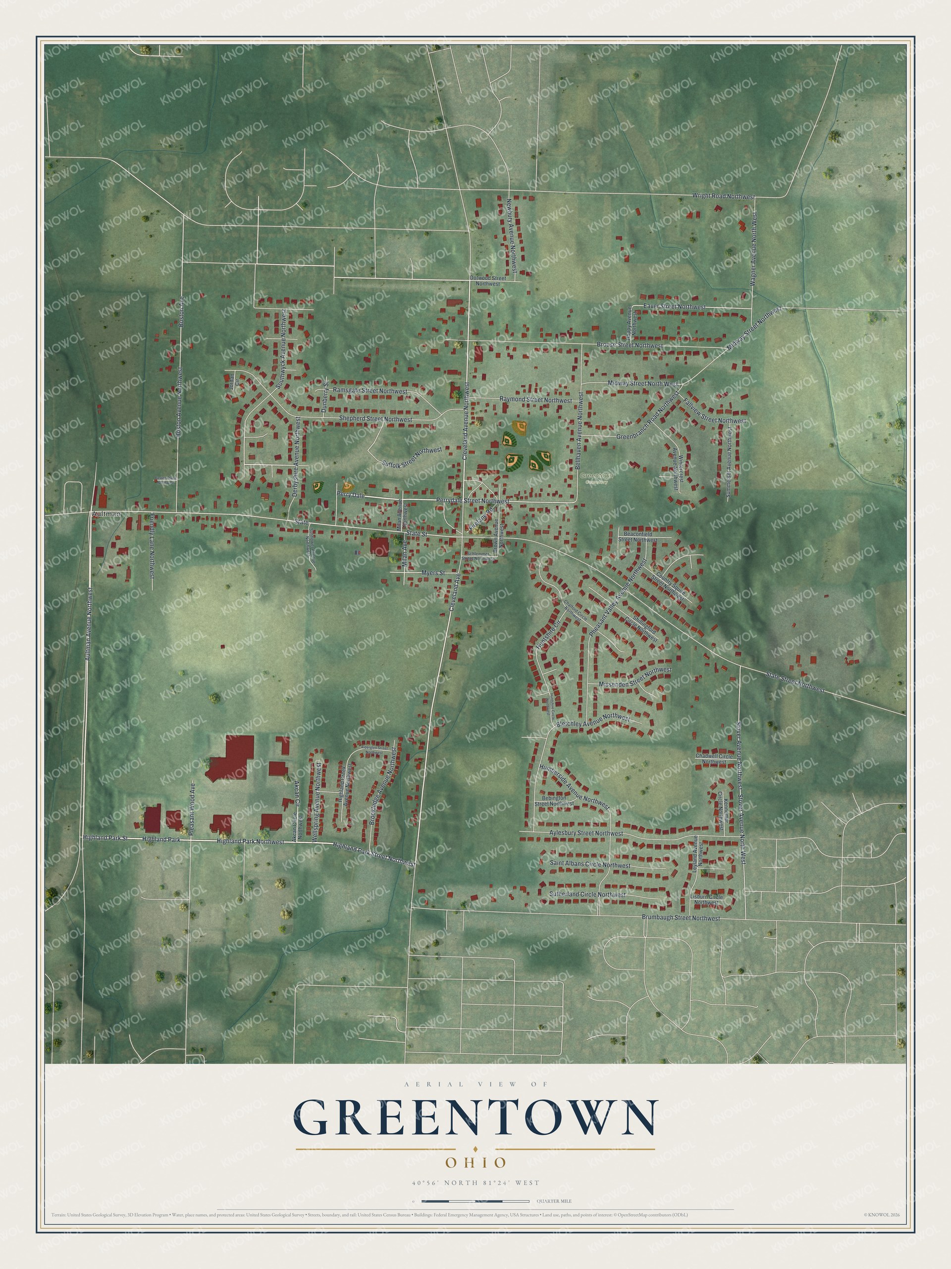 Full map of Greentown, Ohio, with red buildings, printed street names and the land around them