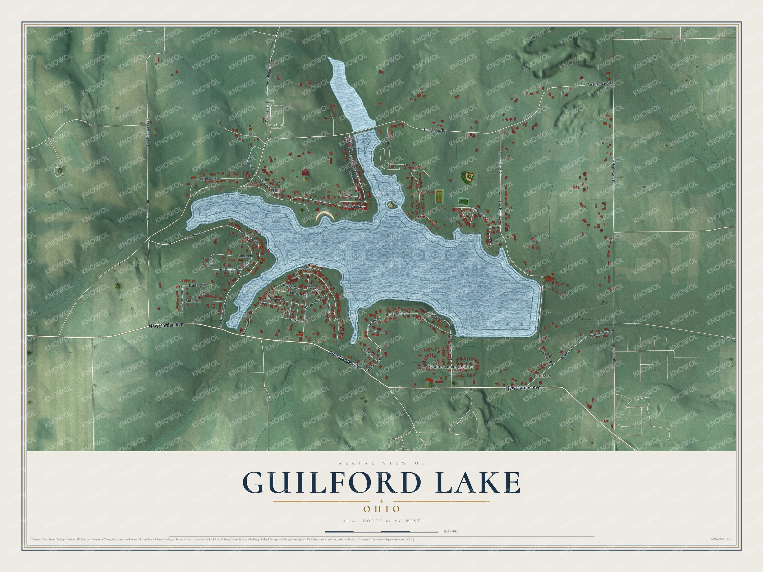 Full map of Guilford Lake, Ohio, with red buildings, printed street names and the land around them