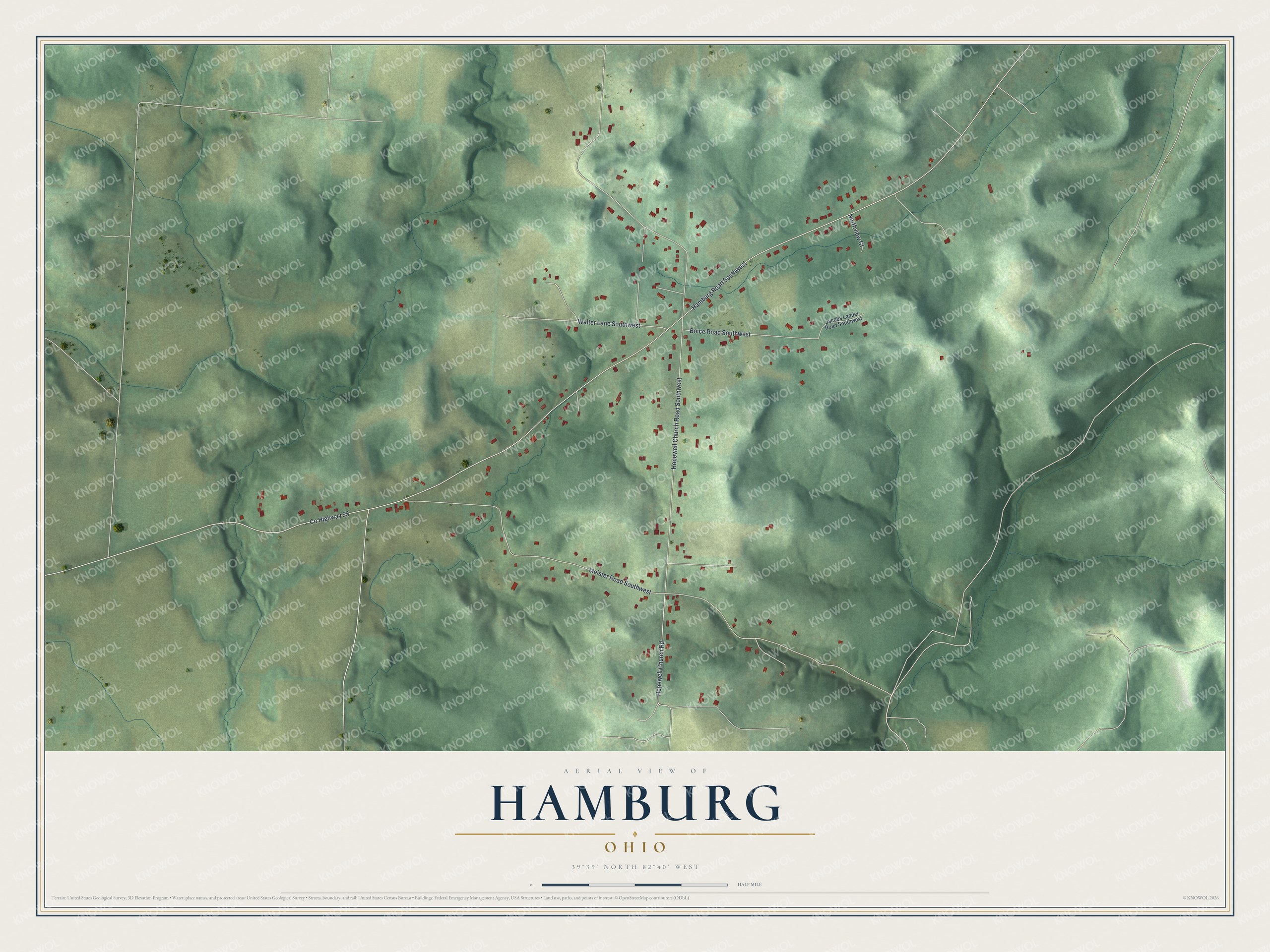Full map of Hamburg, Ohio, with red buildings, printed street names and the land around them