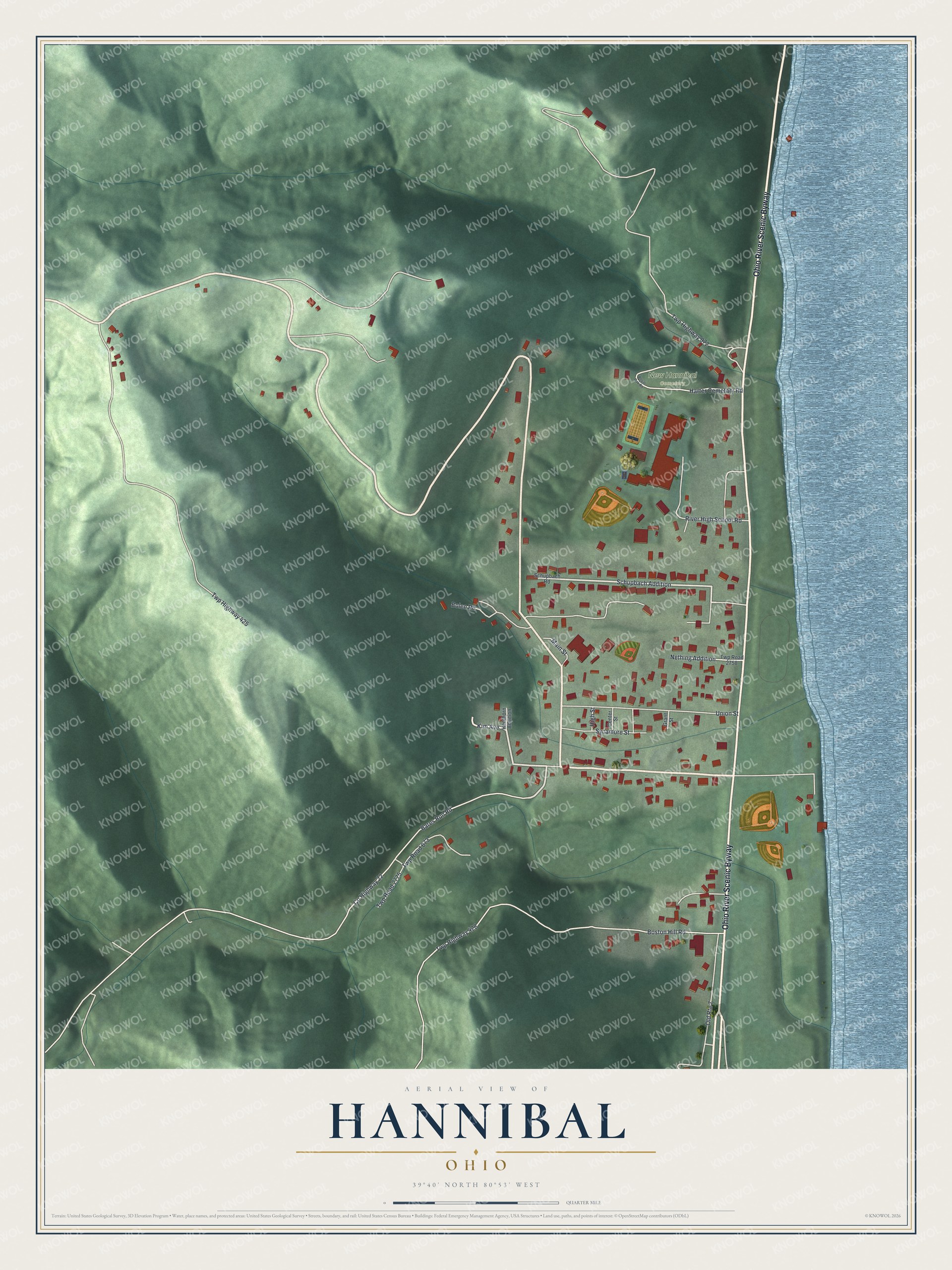 Full map of Hannibal, Ohio, with red buildings, printed street names and the land around them