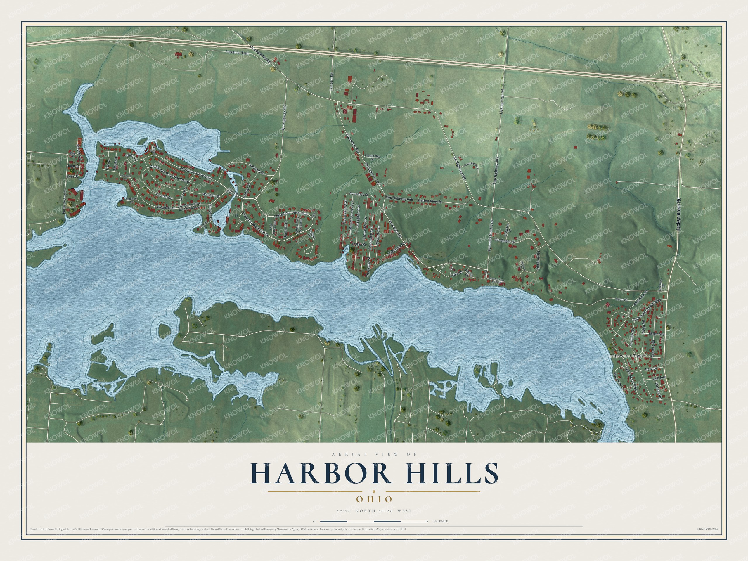 Full map of Harbor Hills, Ohio, with red buildings, printed street names and the land around them