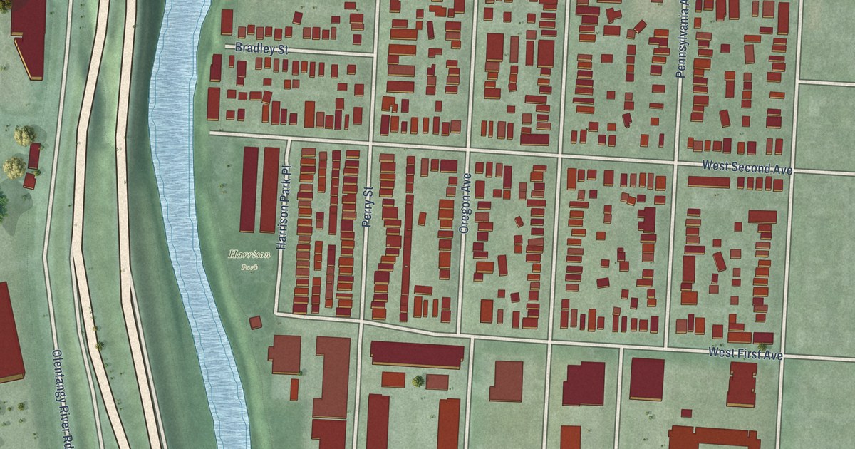 Close-up of streets and buildings in Harrison West, Ohio