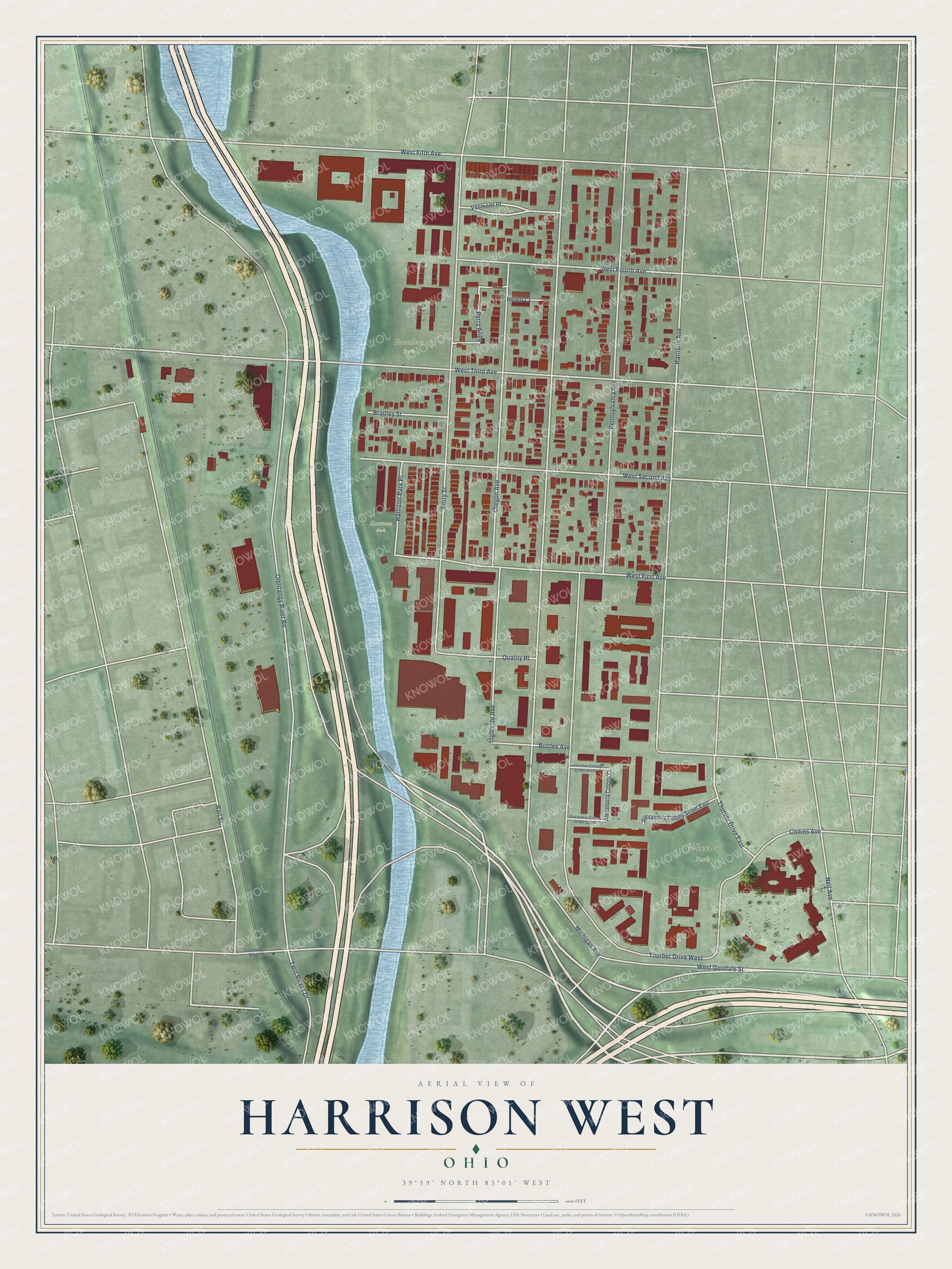 Full map of Harrison West, Ohio, with red buildings, printed street names and the land around them