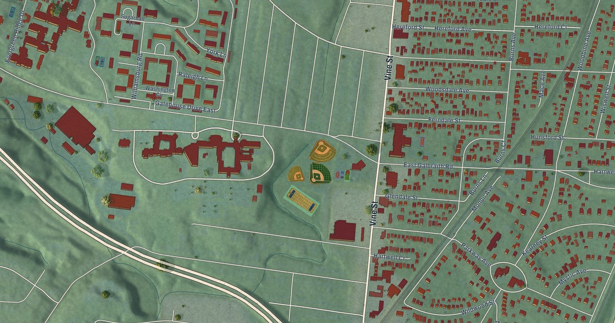 Close-up of streets and buildings in Hartwell, Ohio