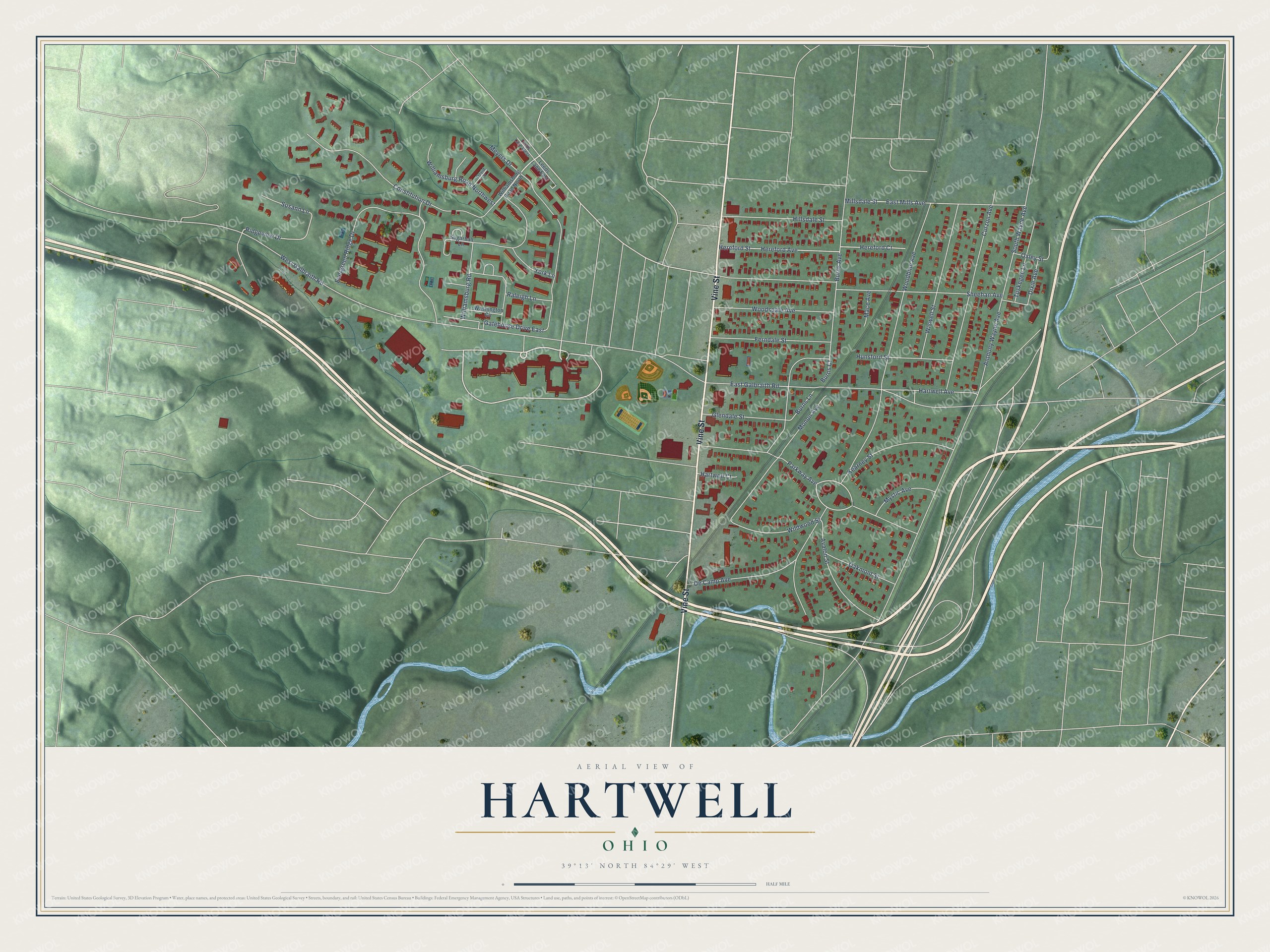 Full map of Hartwell, Ohio, with red buildings, printed street names and the land around them
