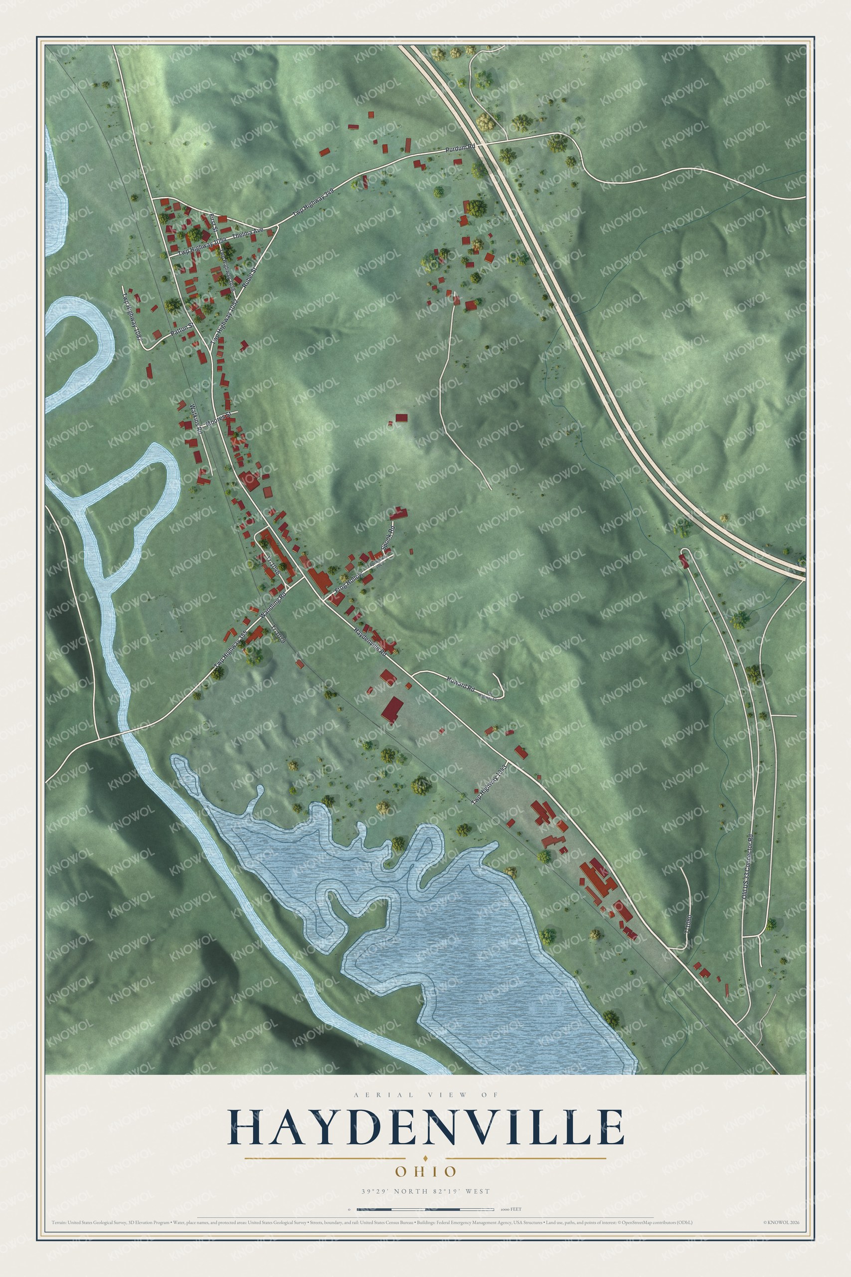 Full map of Haydenville, Ohio, with red buildings, printed street names and the land around them