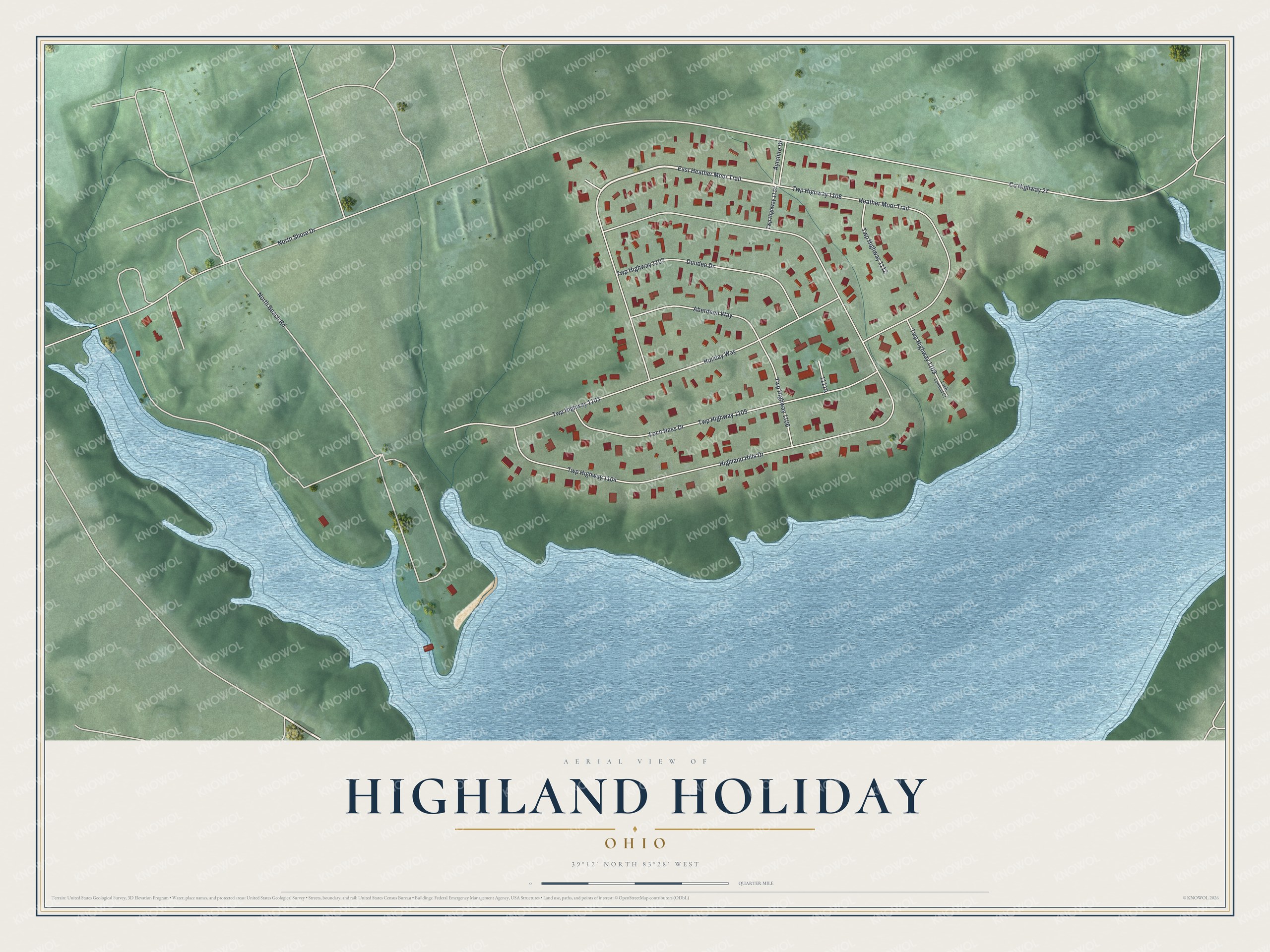 Full map of Highland Holiday, Ohio, with red buildings, printed street names and the land around them