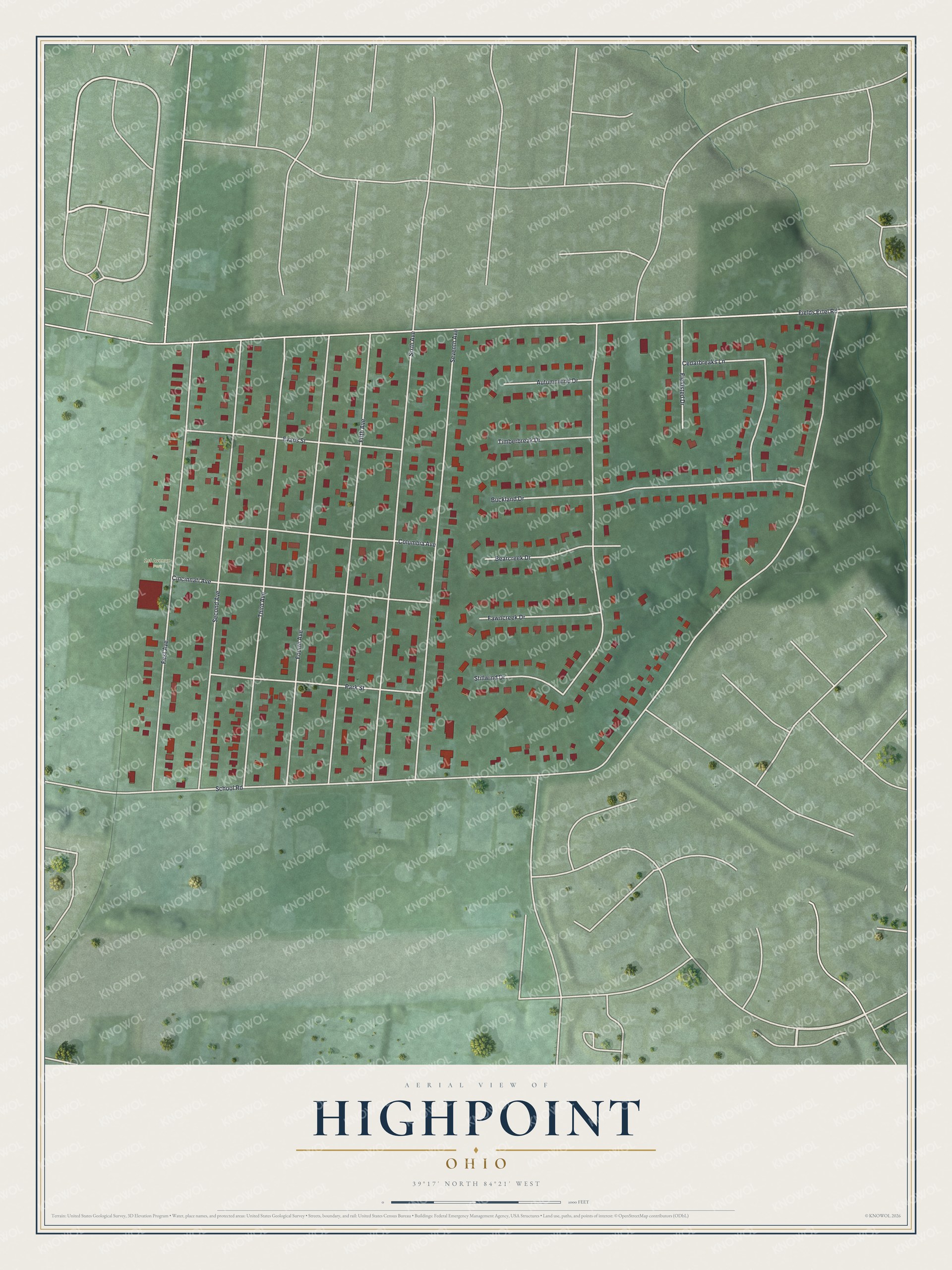 Full map of Highpoint, Ohio, with red buildings, printed street names and the land around them