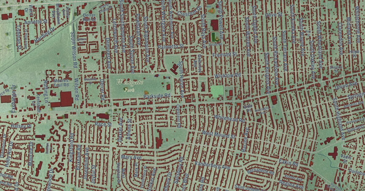 Close-up of streets and buildings in Hilltop, Columbus, Ohio
