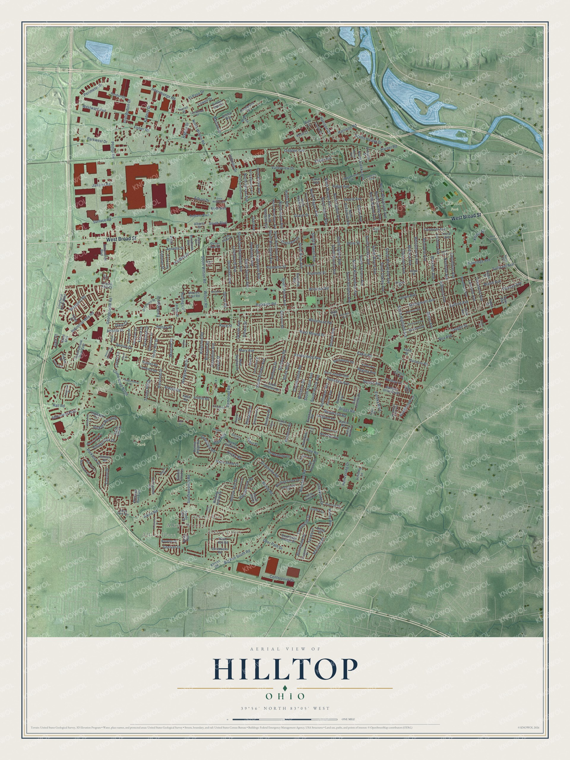 Full map of Hilltop, Ohio, with red buildings, printed street names and the land around them