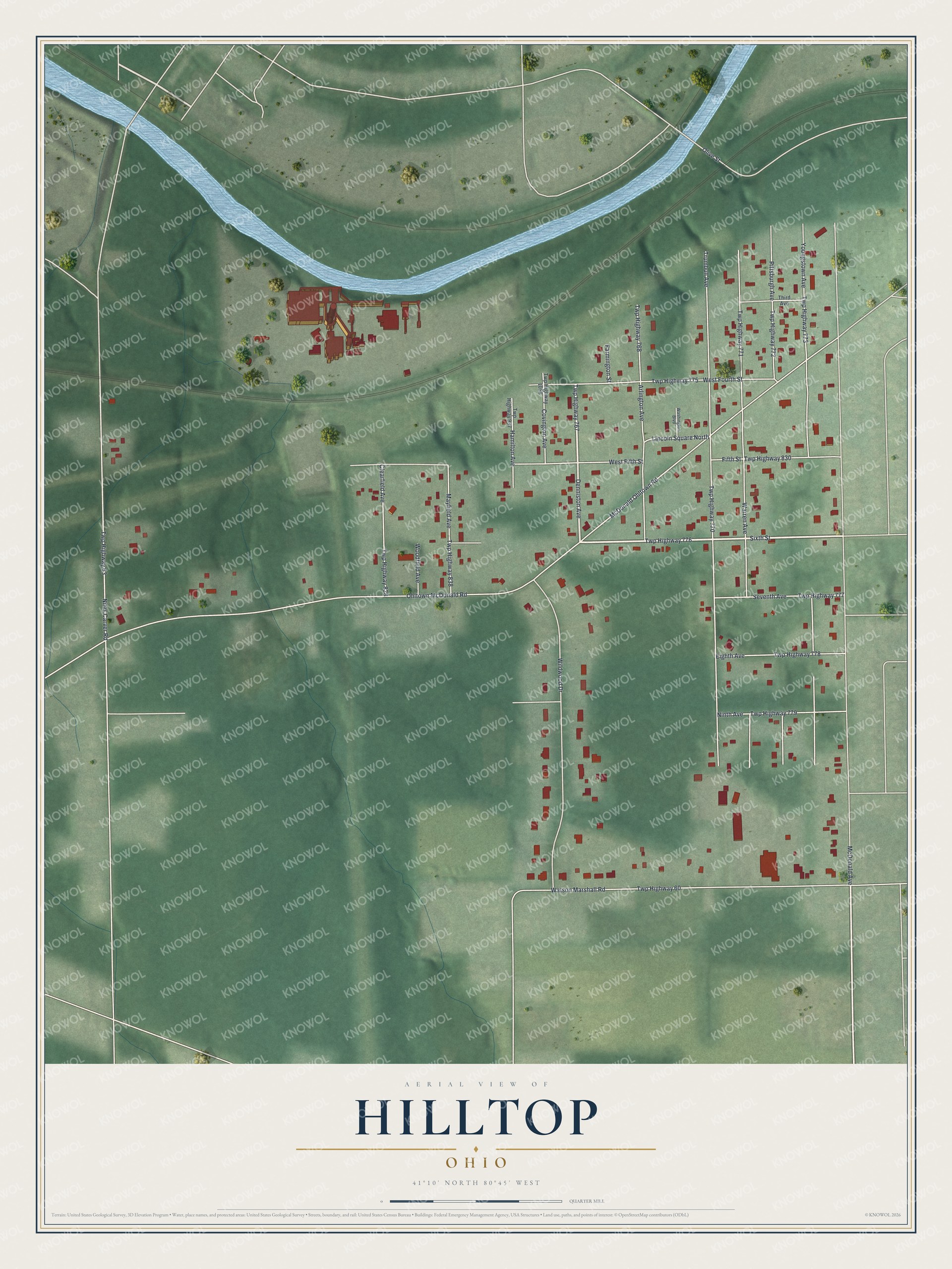 Full map of Hilltop, Ohio, with red buildings, printed street names and the land around them