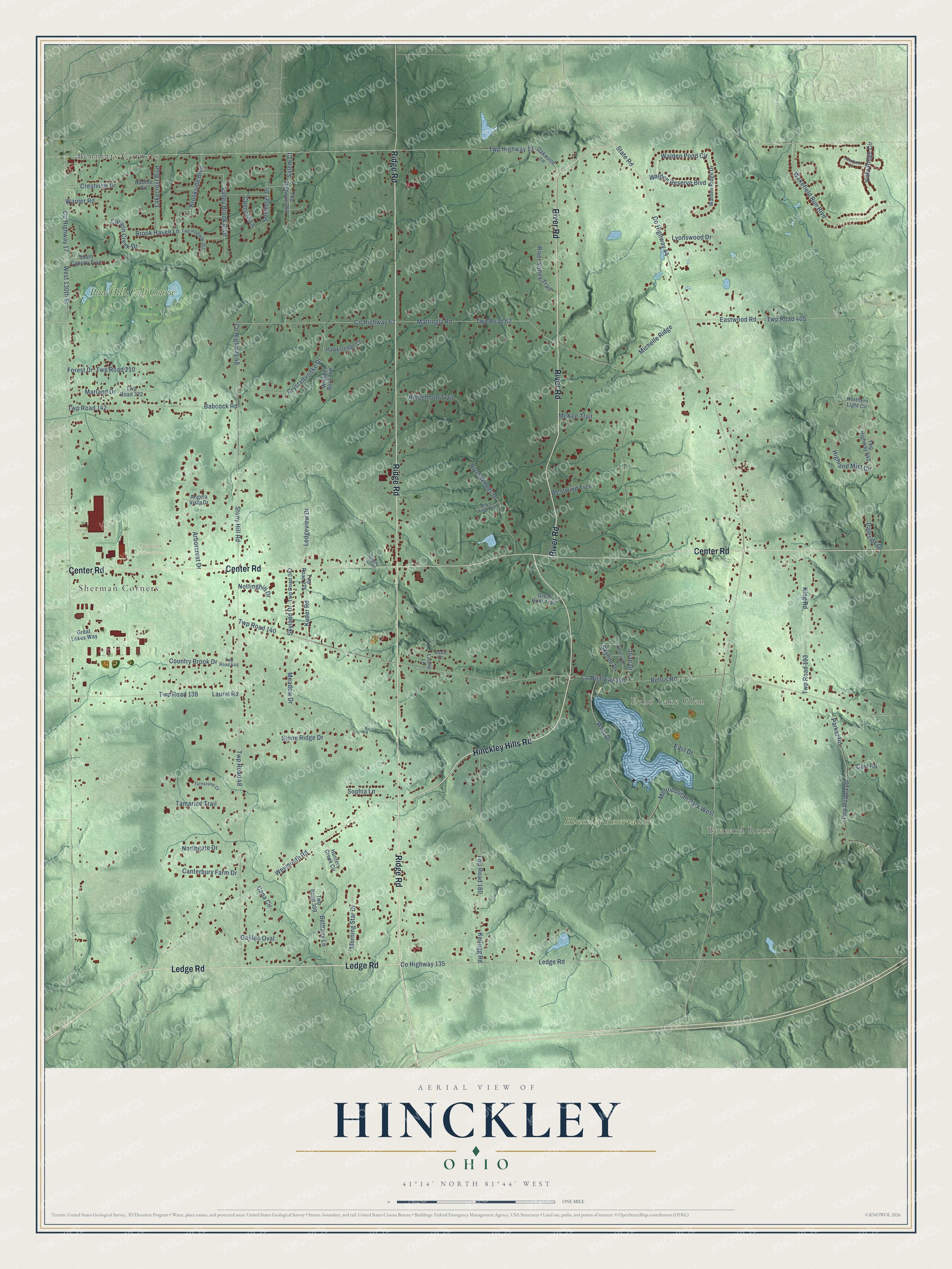 Full map of Hinckley, Ohio, with red buildings, printed street names and the land around them