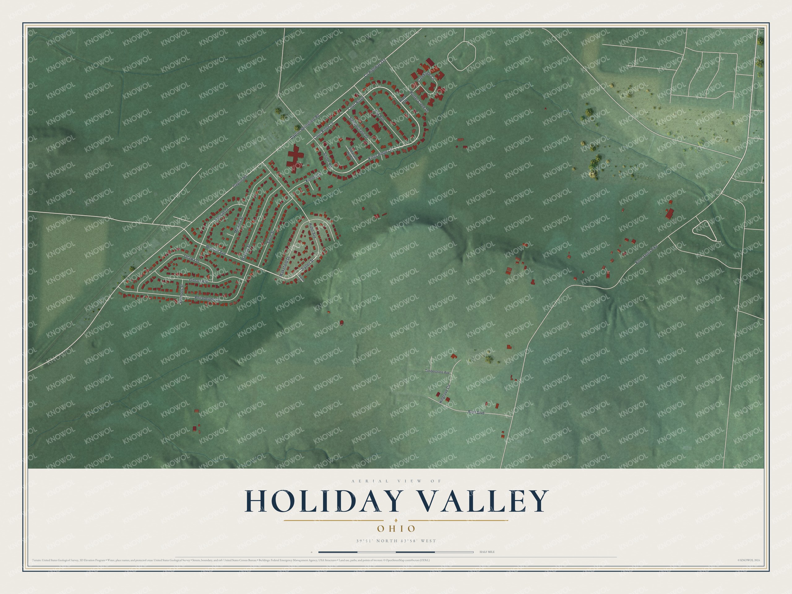 Full map of Holiday Valley, Ohio, with red buildings, printed street names and the land around them