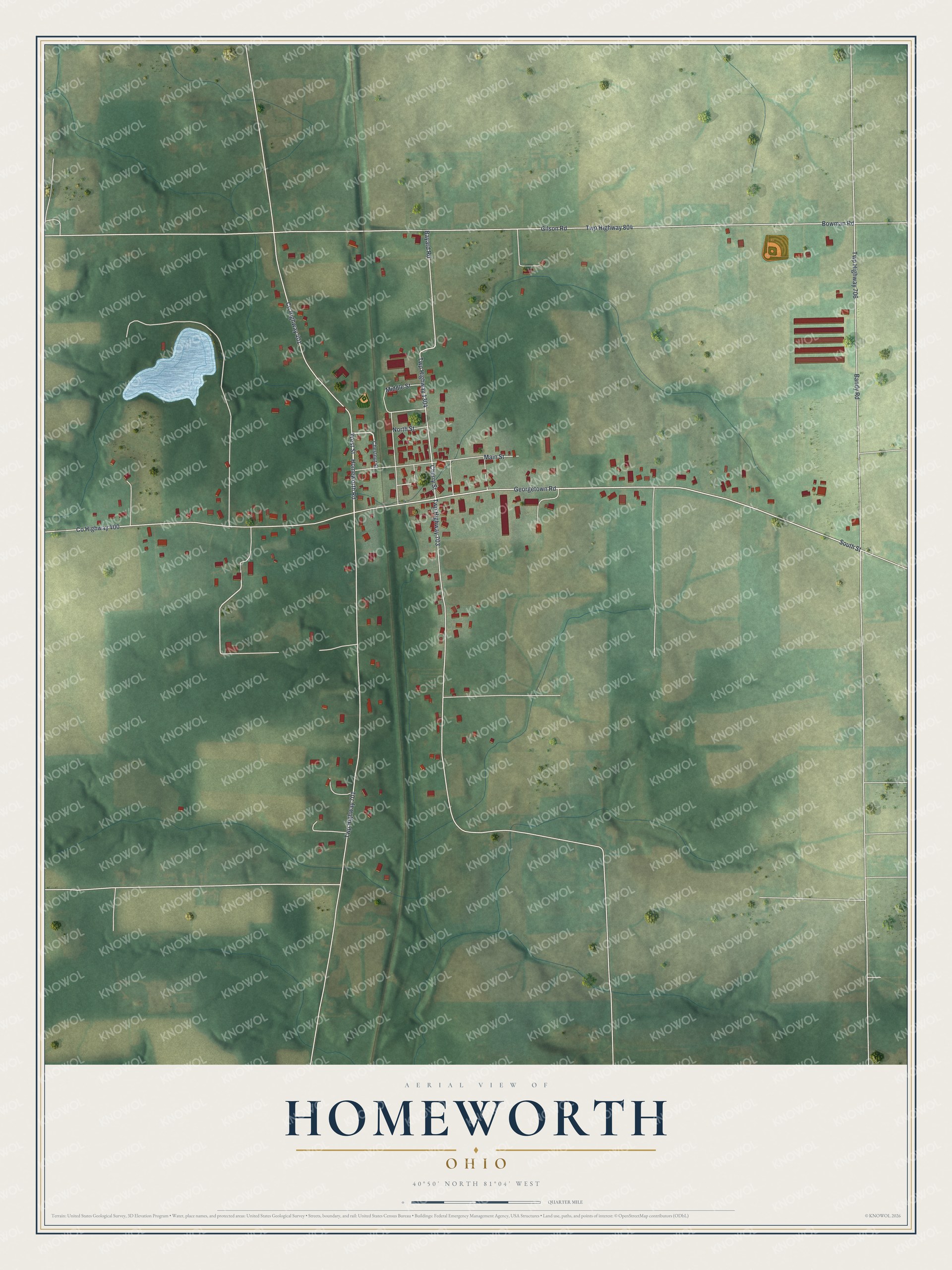 Full map of Homeworth, Ohio, with red buildings, printed street names and the land around them