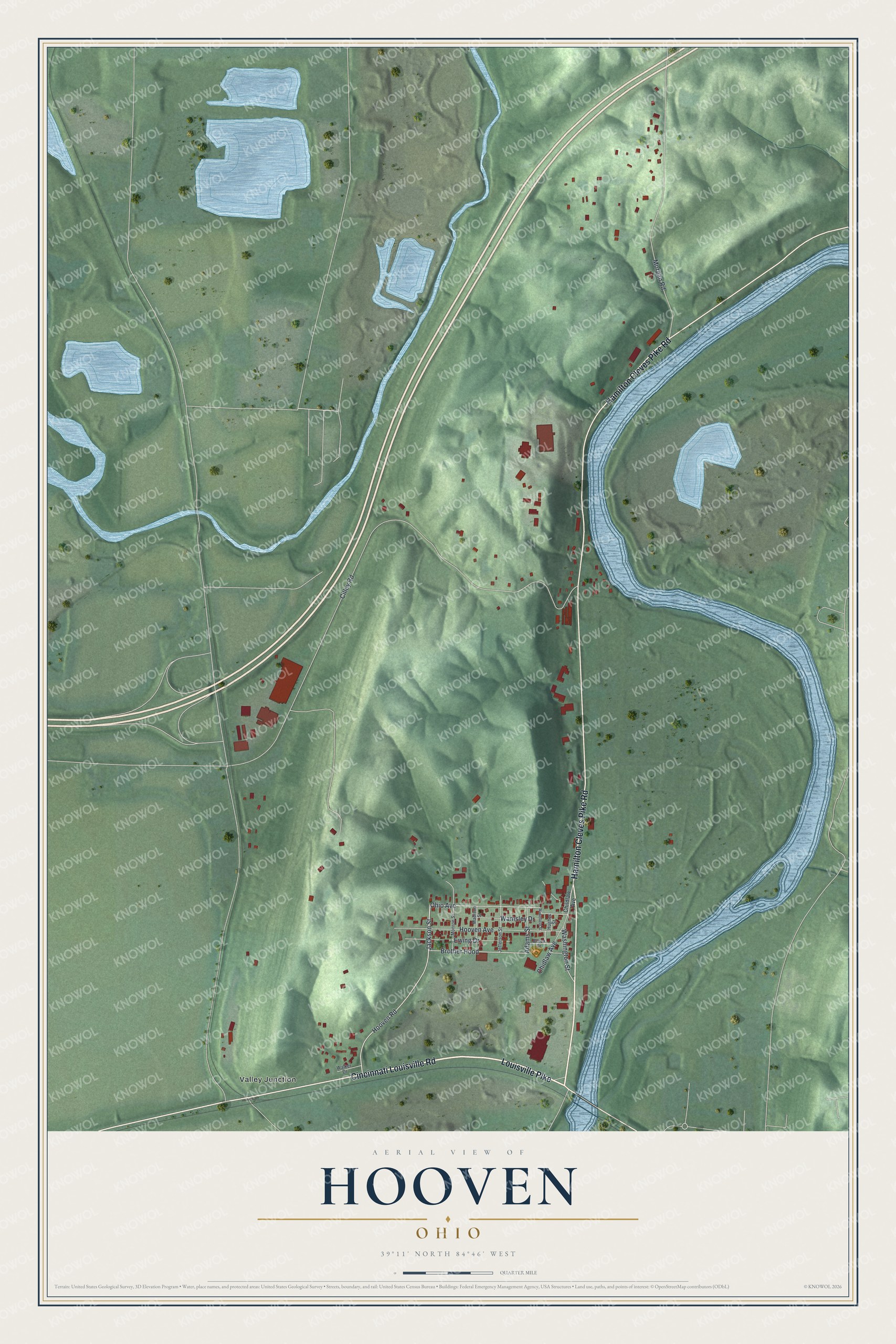 Full map of Hooven, Ohio, with red buildings, printed street names and the land around them
