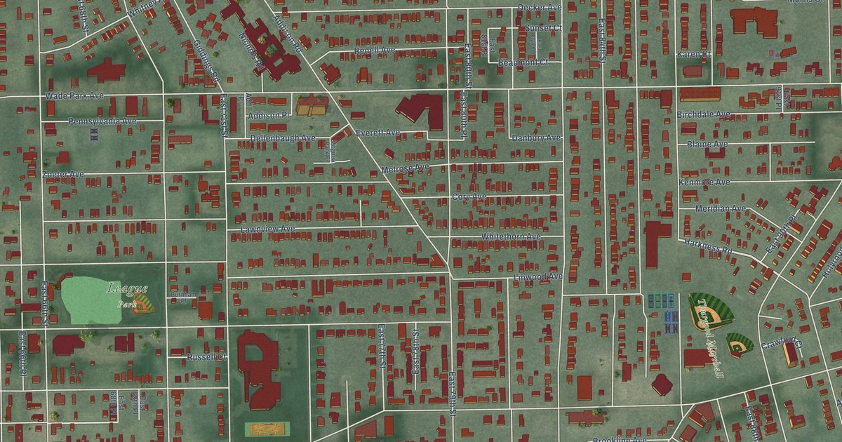 Close-up of streets and buildings in Hough, Ohio
