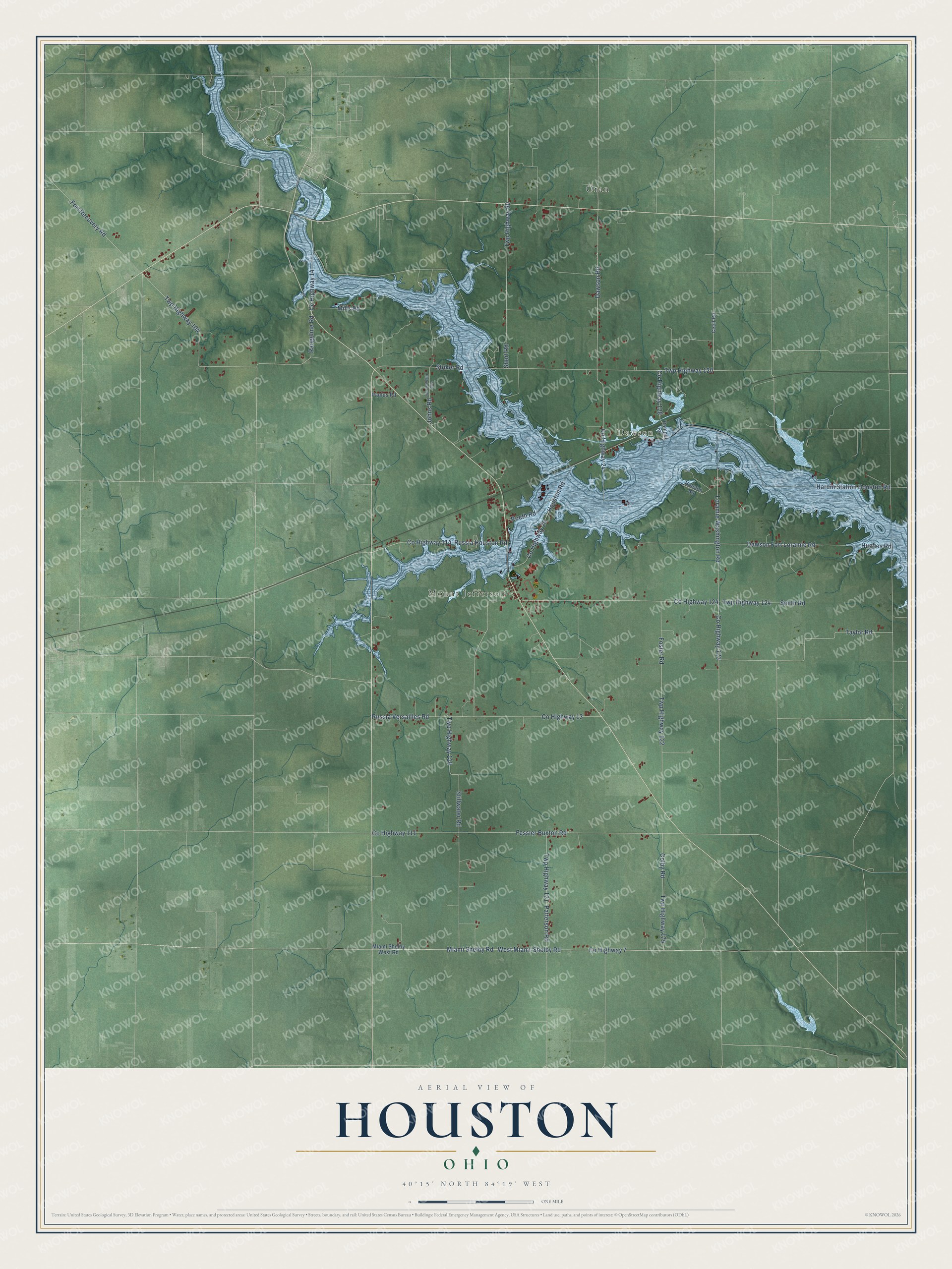Full map of Houston, Ohio, with red buildings, printed street names and the land around them