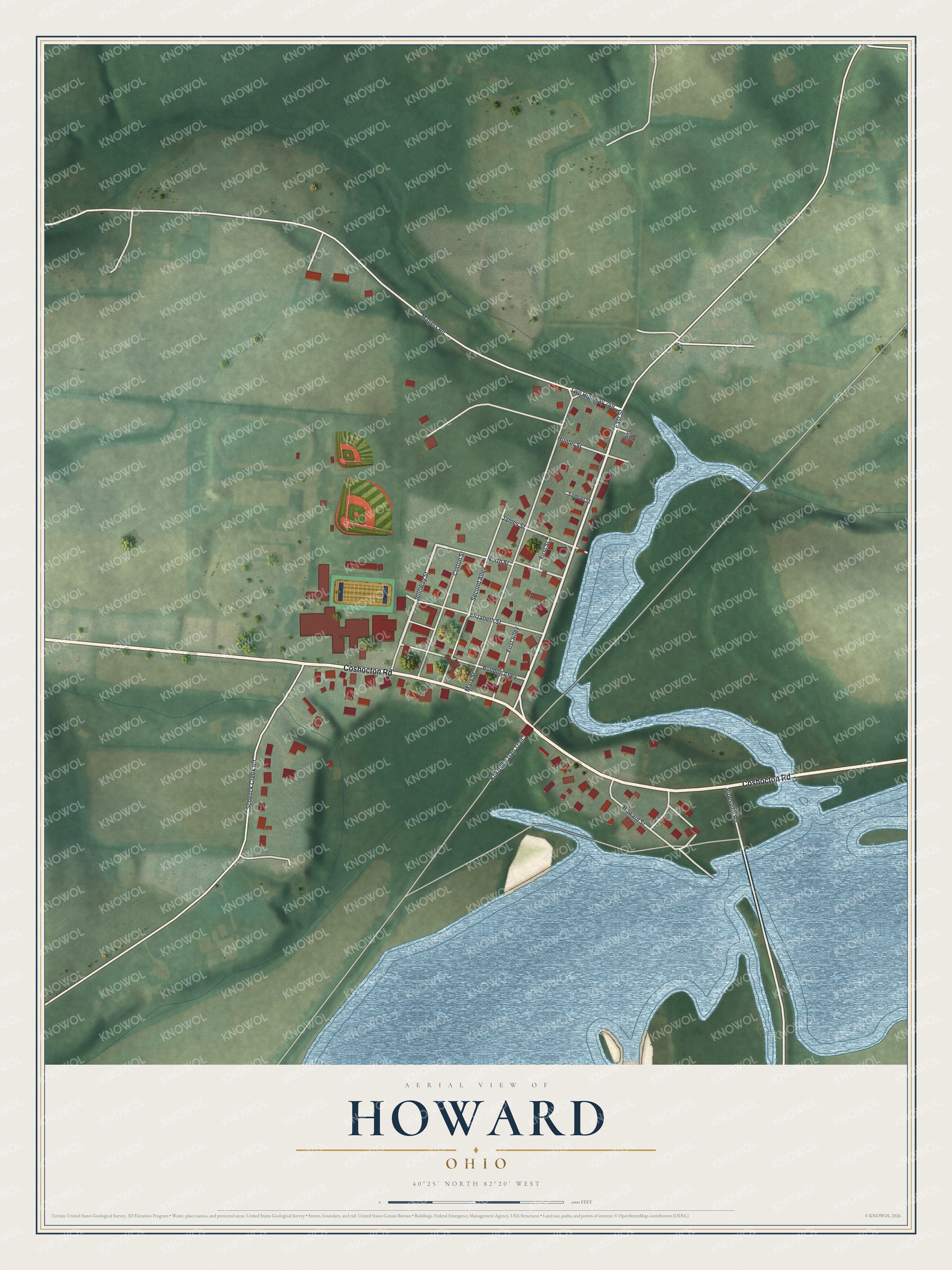 Full map of Howard, Ohio, with red buildings, printed street names and the land around them