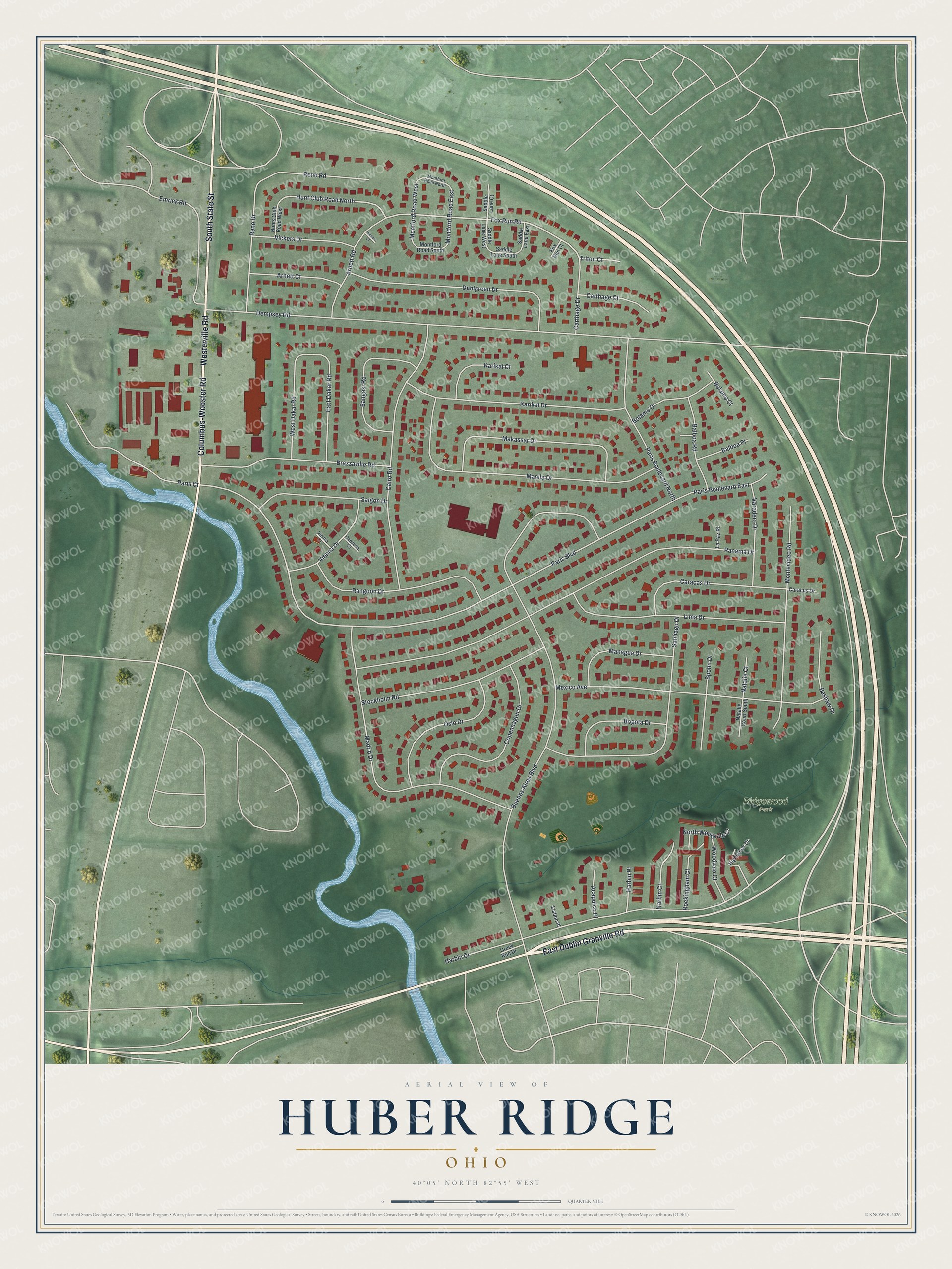 Full map of Huber Ridge, Ohio, with red buildings, printed street names and the land around them