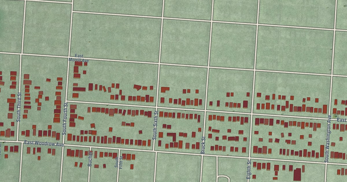 Close-up of streets and buildings in Hungarian Village, Ohio