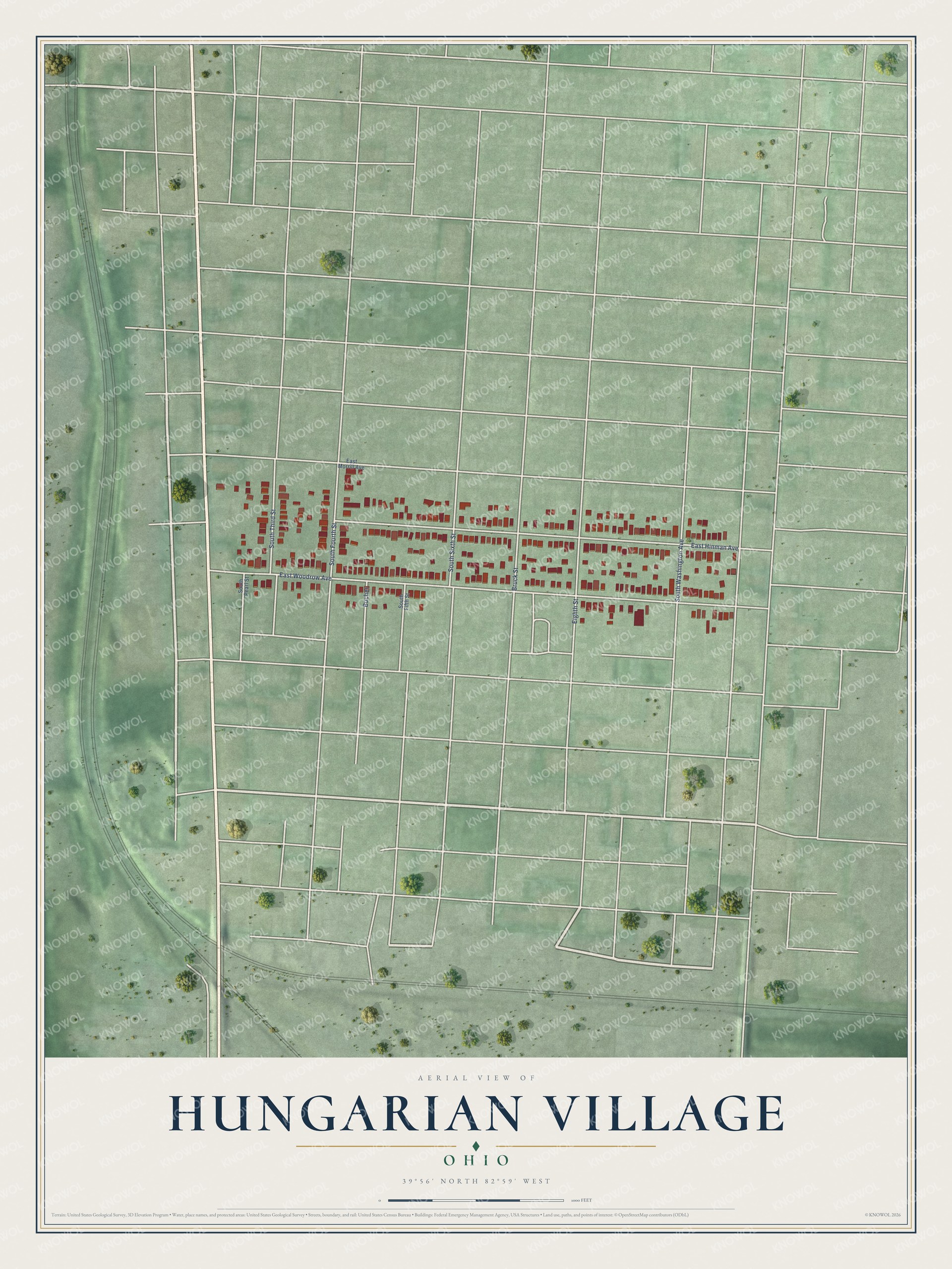 Full map of Hungarian Village, Ohio, with red buildings, printed street names and the land around them