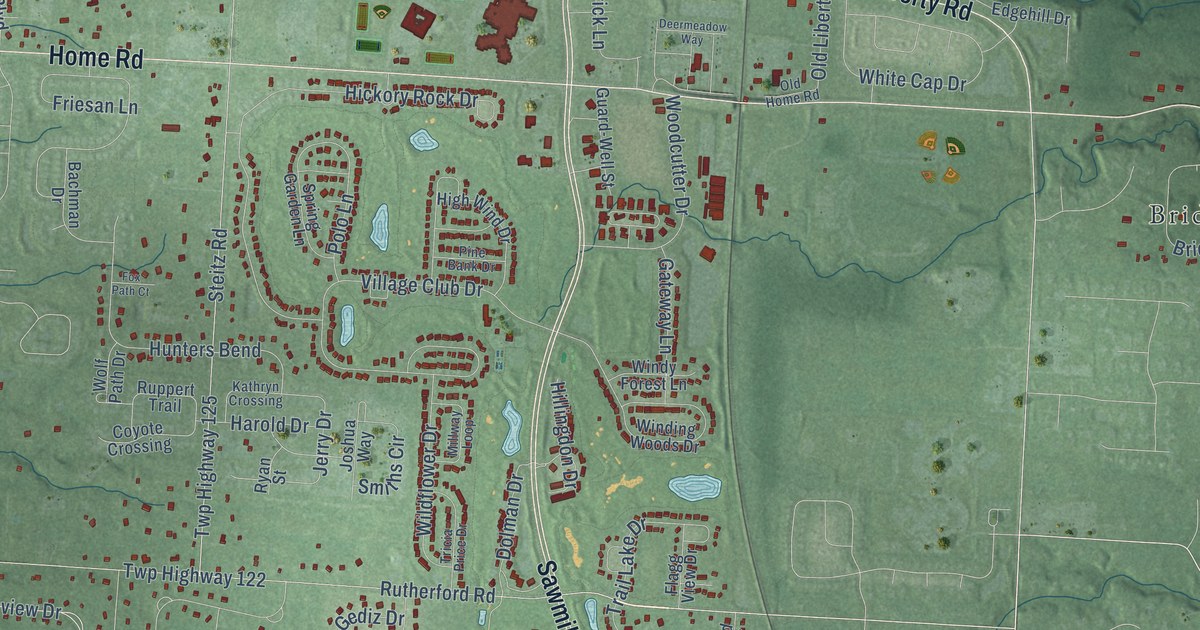 Close-up of streets and buildings in Hyatts, Ohio