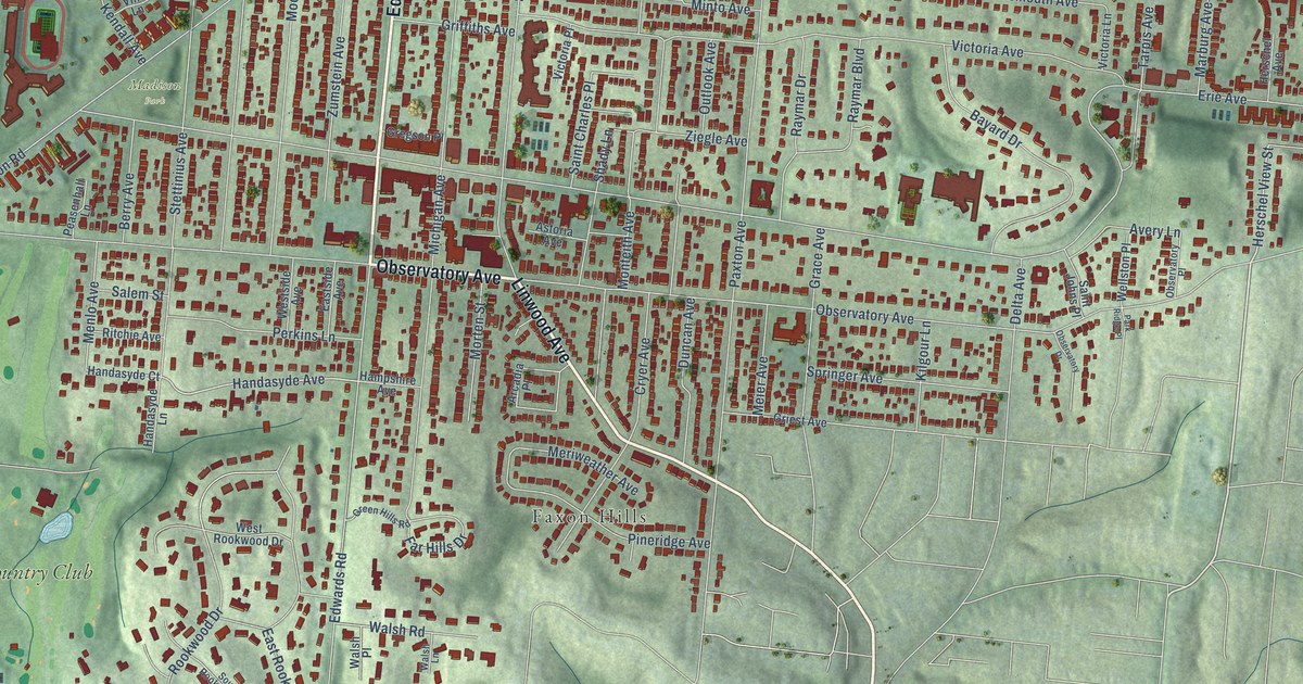 Close-up of streets and buildings in Hyde Park, Ohio
