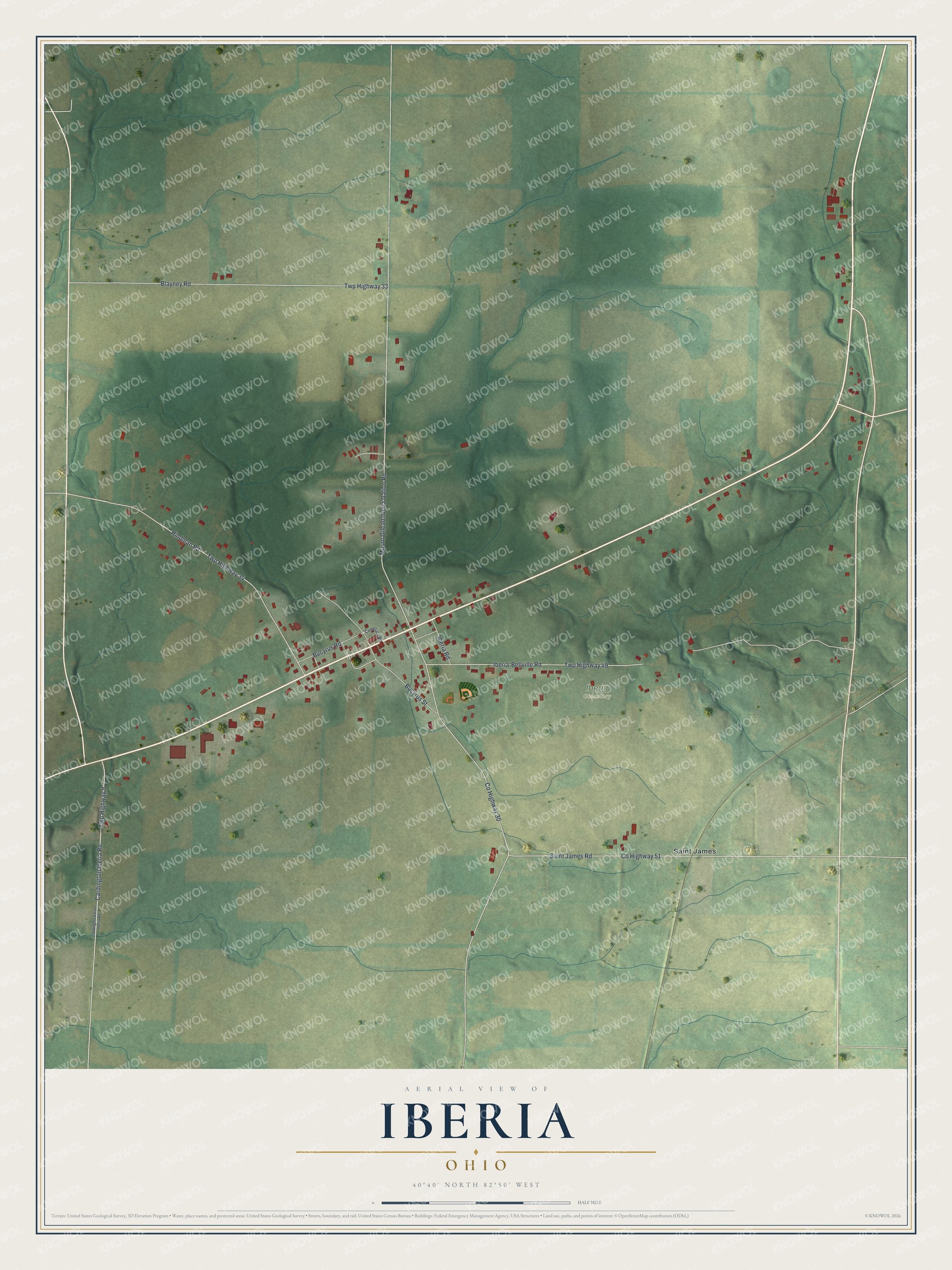 Full map of Iberia, Ohio, with red buildings, printed street names and the land around them