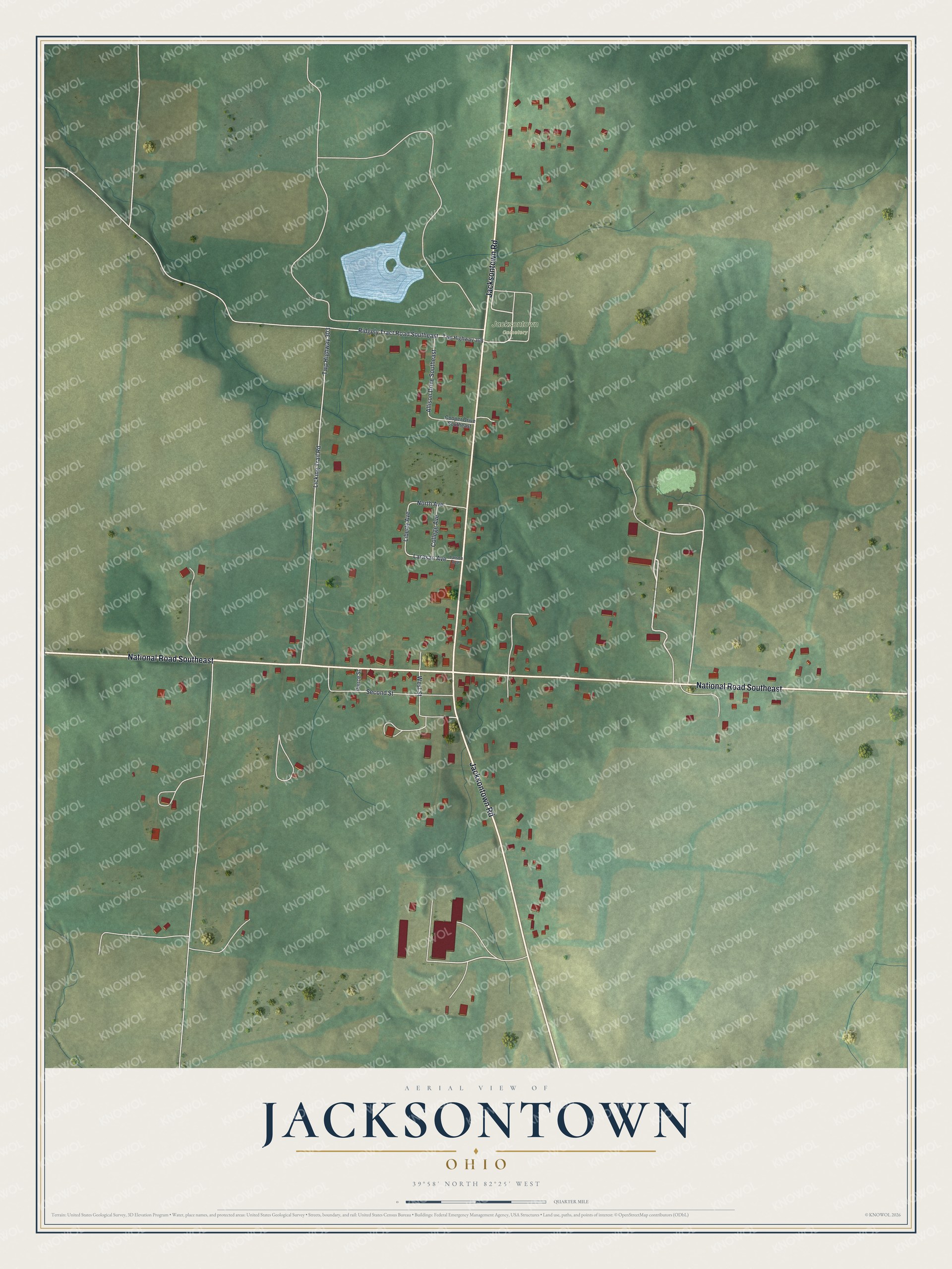 Full map of Jacksontown, Ohio, with red buildings, printed street names and the land around them