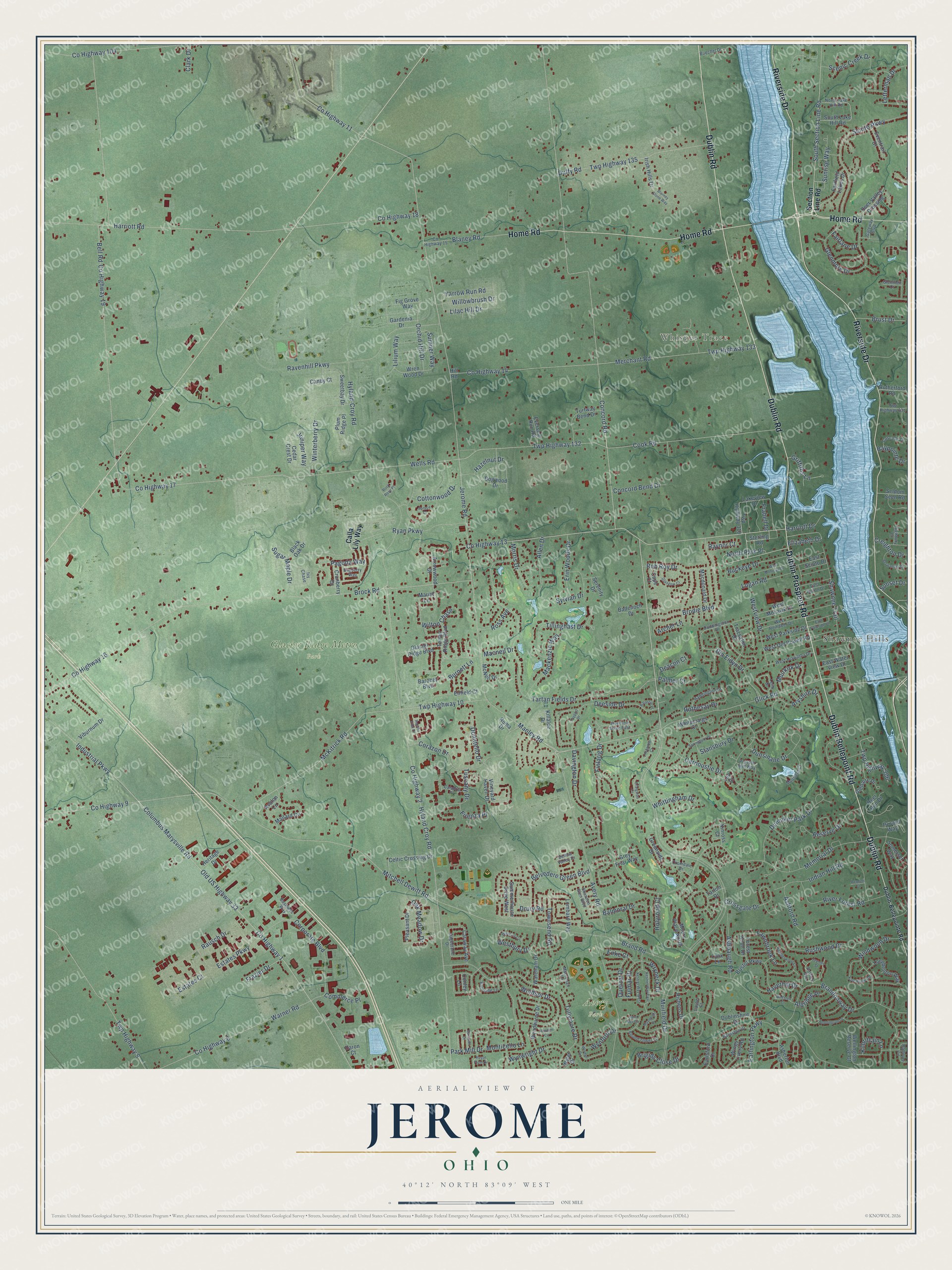 Full map of Jerome, Ohio, with red buildings, printed street names and the land around them