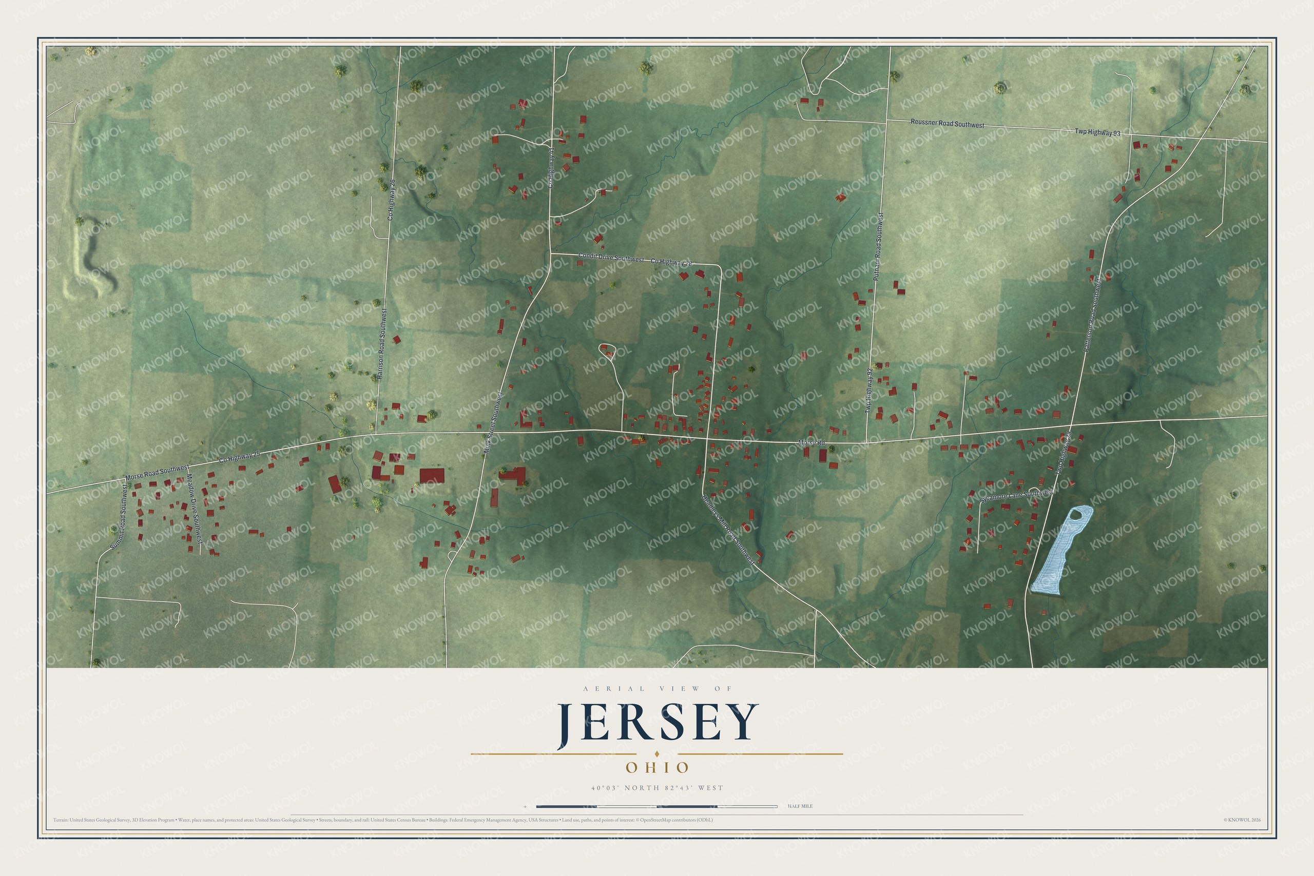 Full map of Jersey, Ohio, with red buildings, printed street names and the land around them