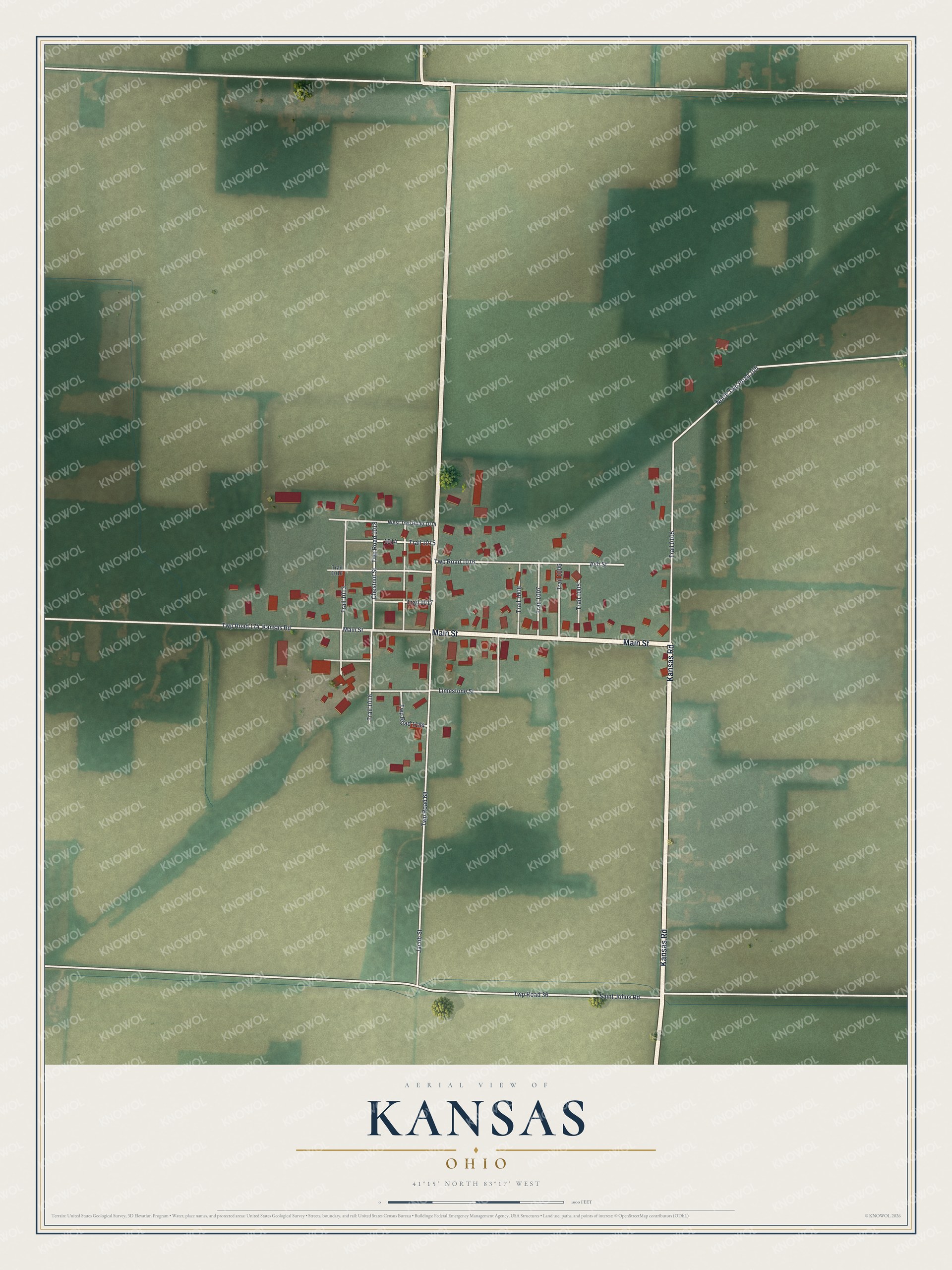 Full map of Kansas, Ohio, with red buildings, printed street names and the land around them
