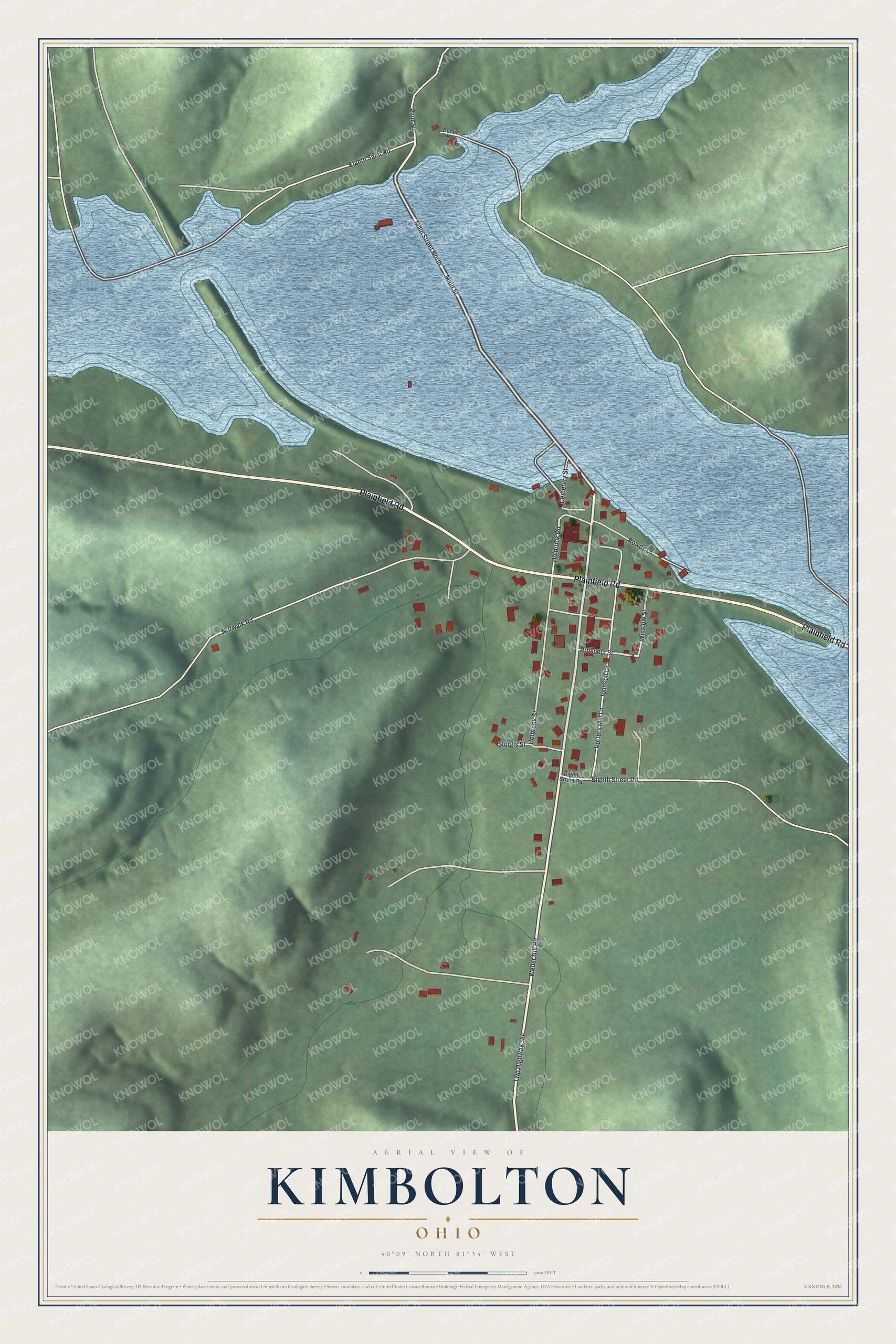 Full map of Kimbolton, Ohio, with red buildings, printed street names and the land around them