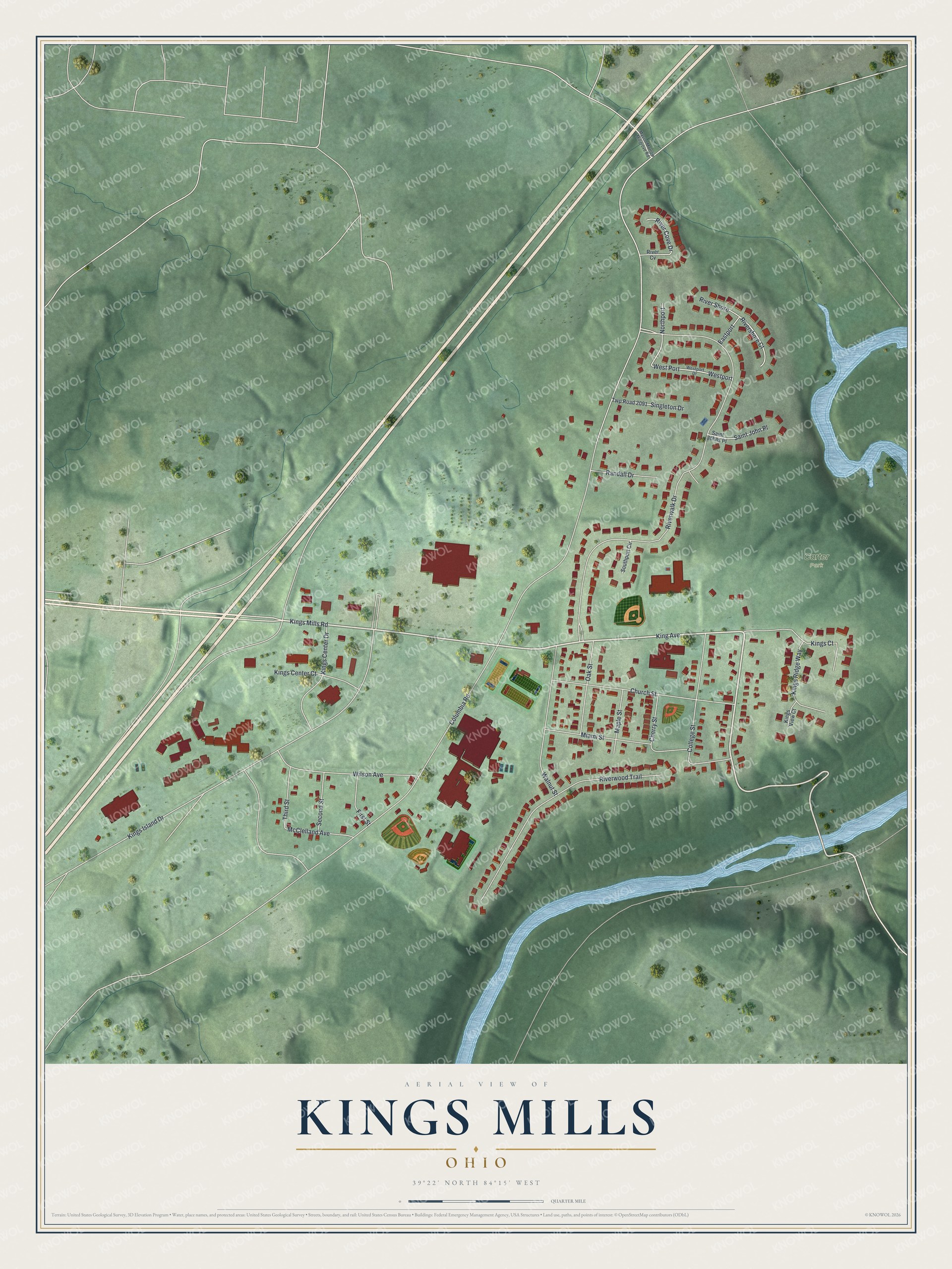 Full map of Kings Mills, Ohio, with red buildings, printed street names and the land around them