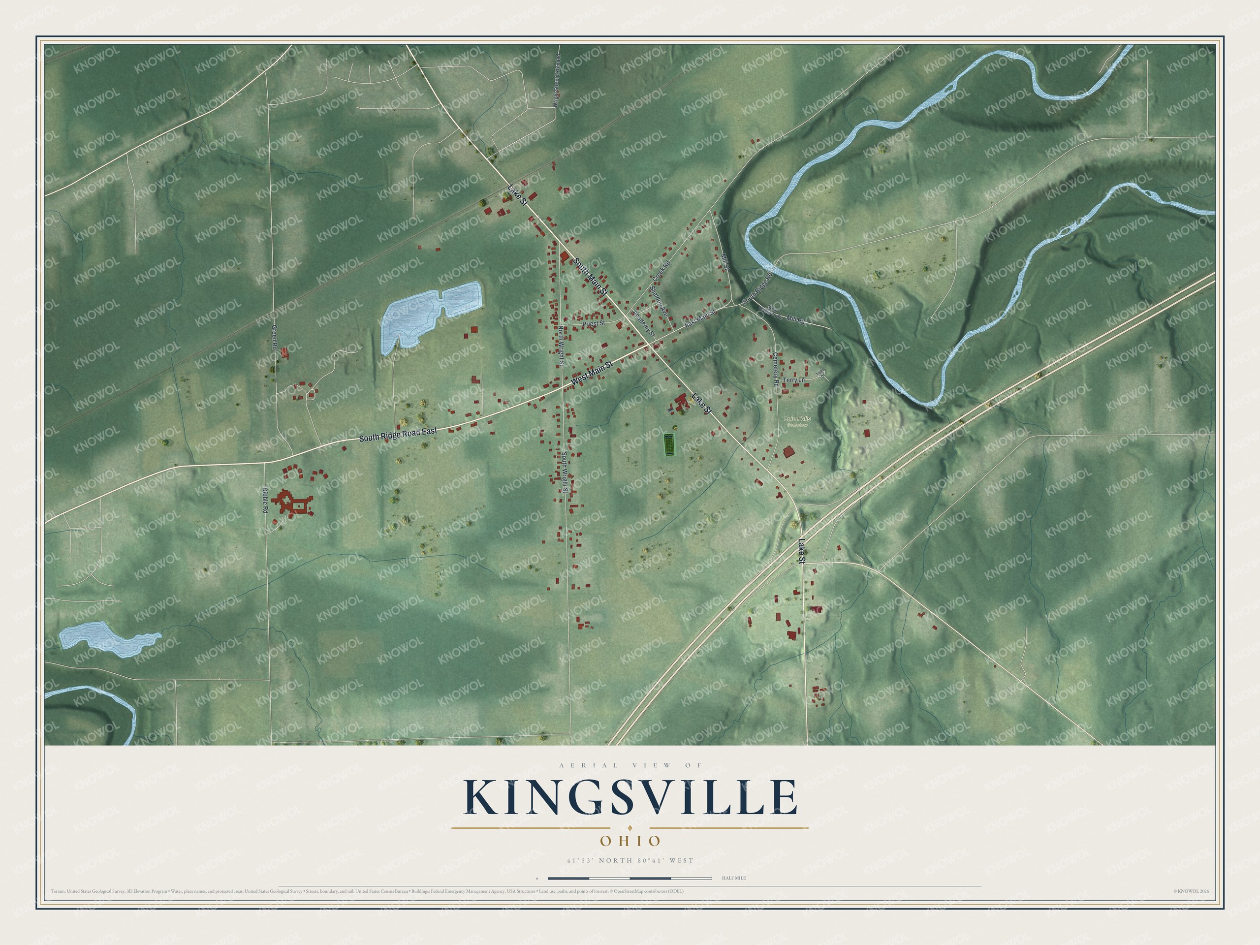 Full map of Kingsville, Ohio, with red buildings, printed street names and the land around them