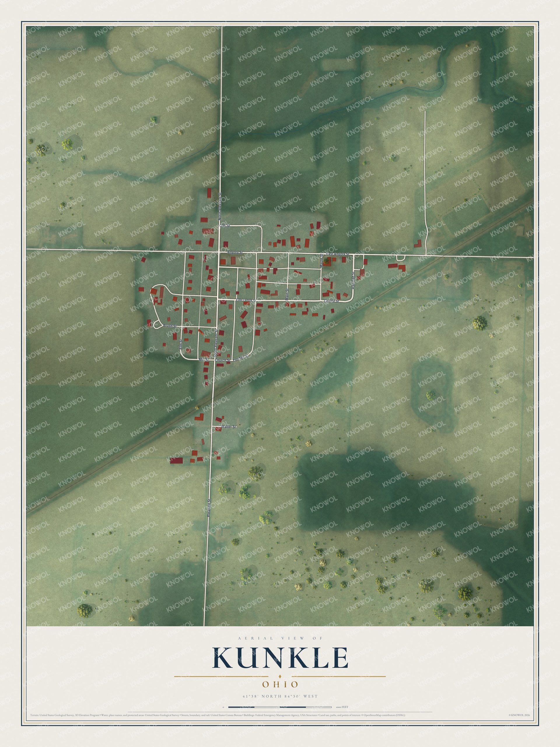 Full map of Kunkle, Ohio, with red buildings, printed street names and the land around them
